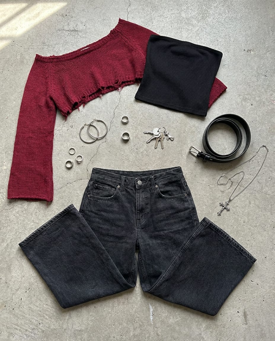 Washed black jean. Dark red knit. — outfit flat-lay