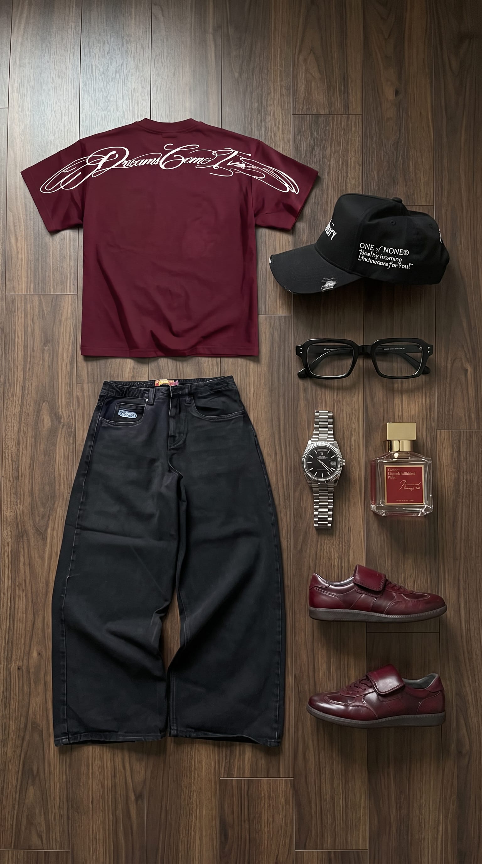 Black Jeans Burgundy Tee Outfit Men flat-lay