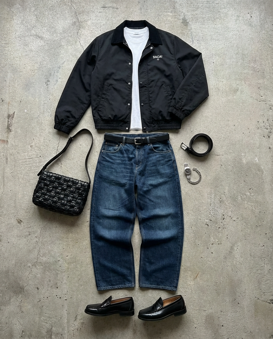 Black jacket. Dark wash blue jean.