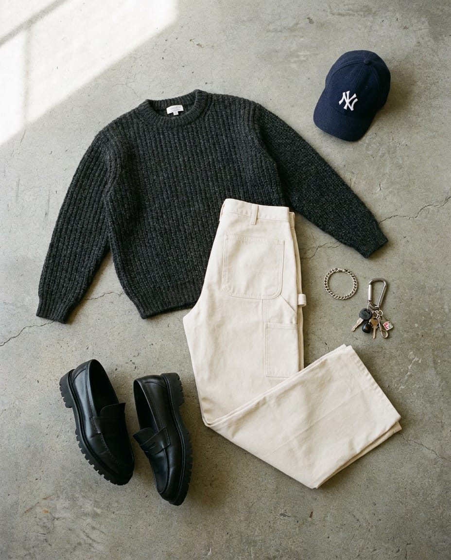 Off-white trouser. Black shoe. flat-lay