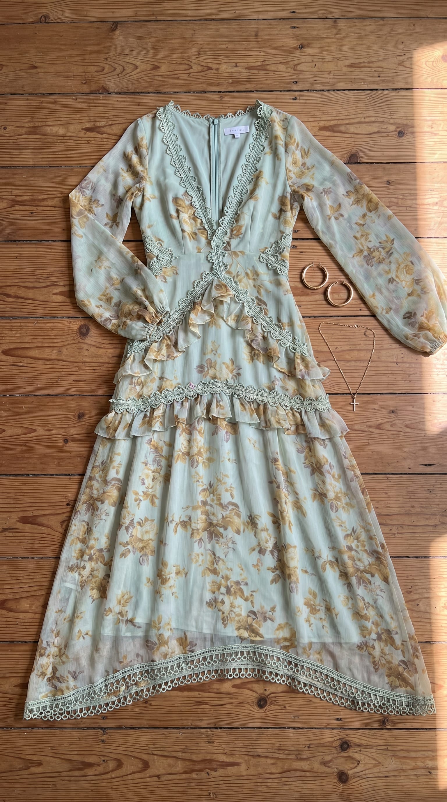 Light Green Floral Dress Outfit Women flat-lay