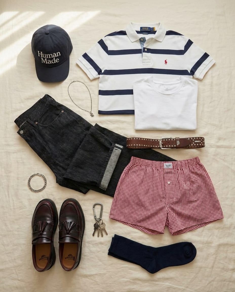 Off-black jean. White polo.