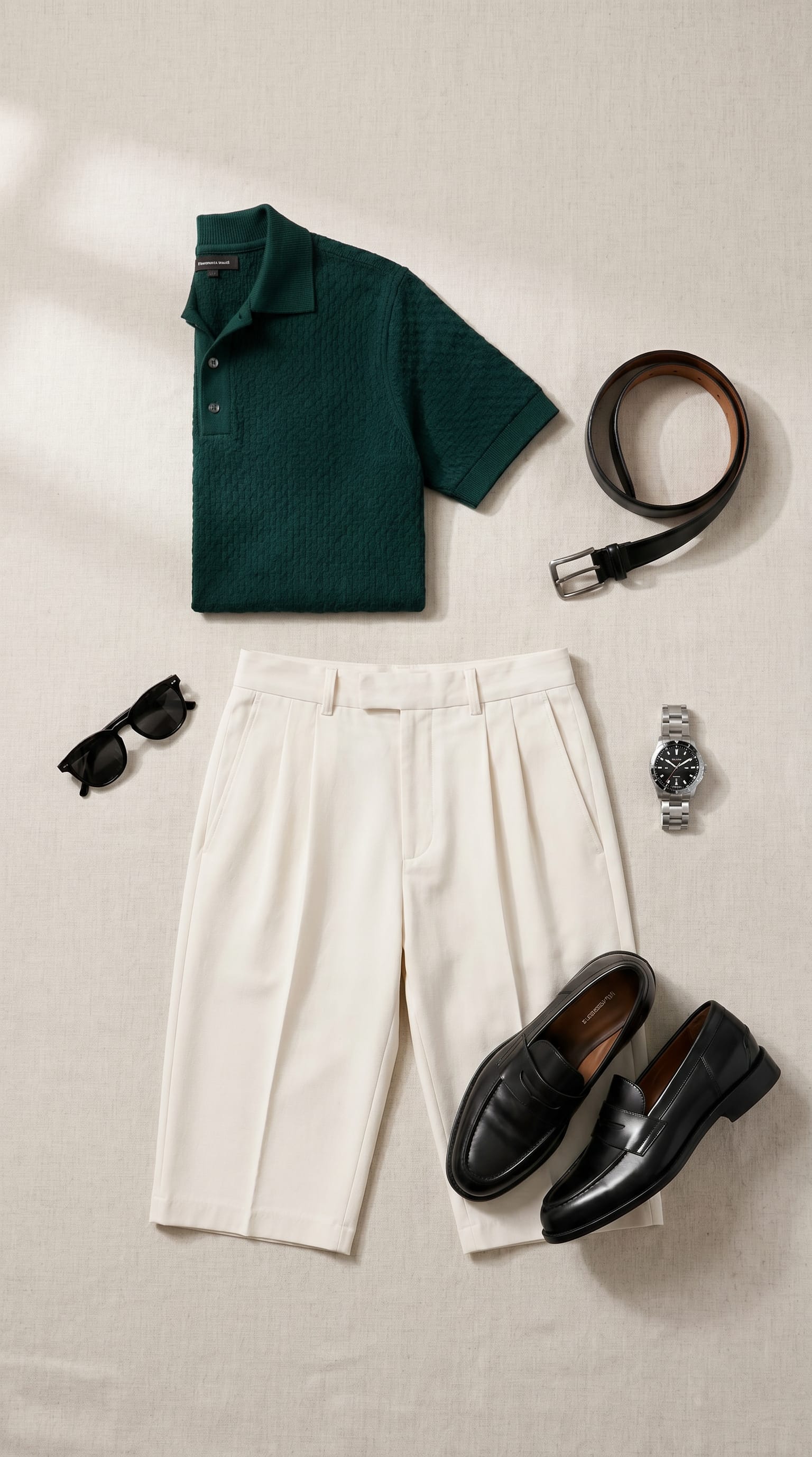 Forest green polo. Off-white trouser. — outfit