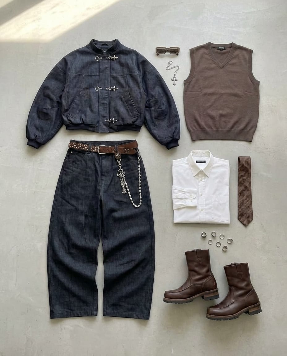 Dark indigo jacket. Dark indigo jean. flat-lay