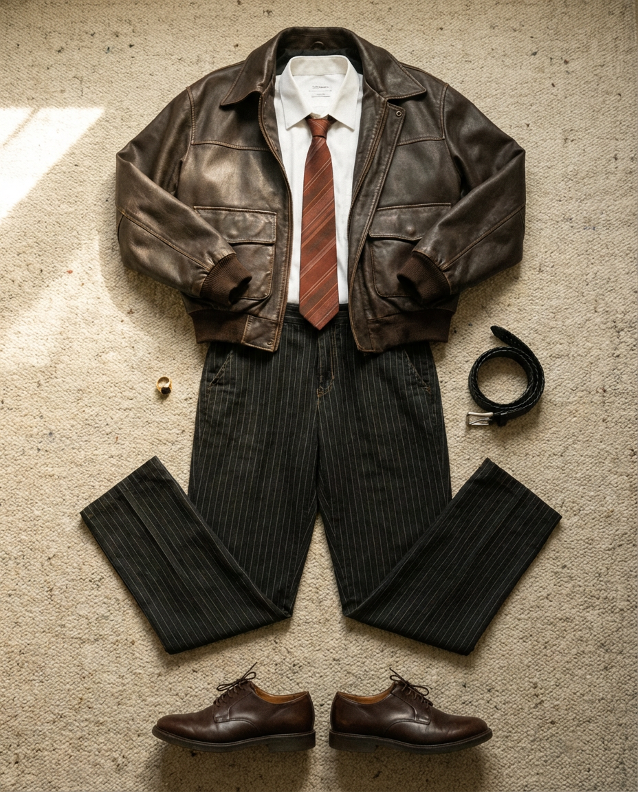 Dark brown jacket. Charcoal trouser.