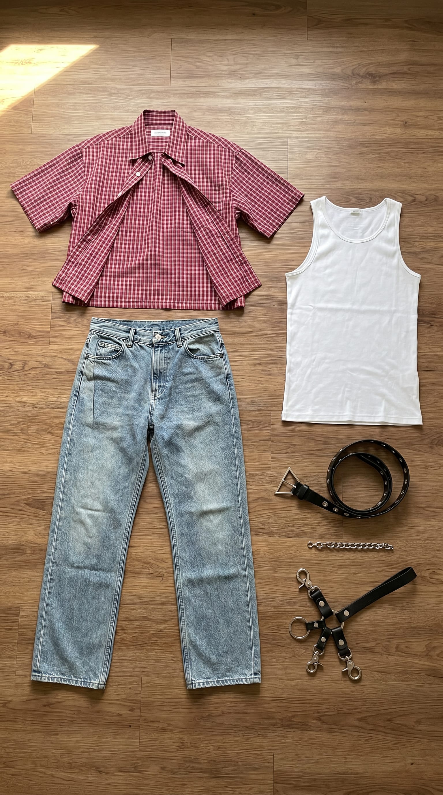 Red Plaid Shirt Outfit Men flat-lay