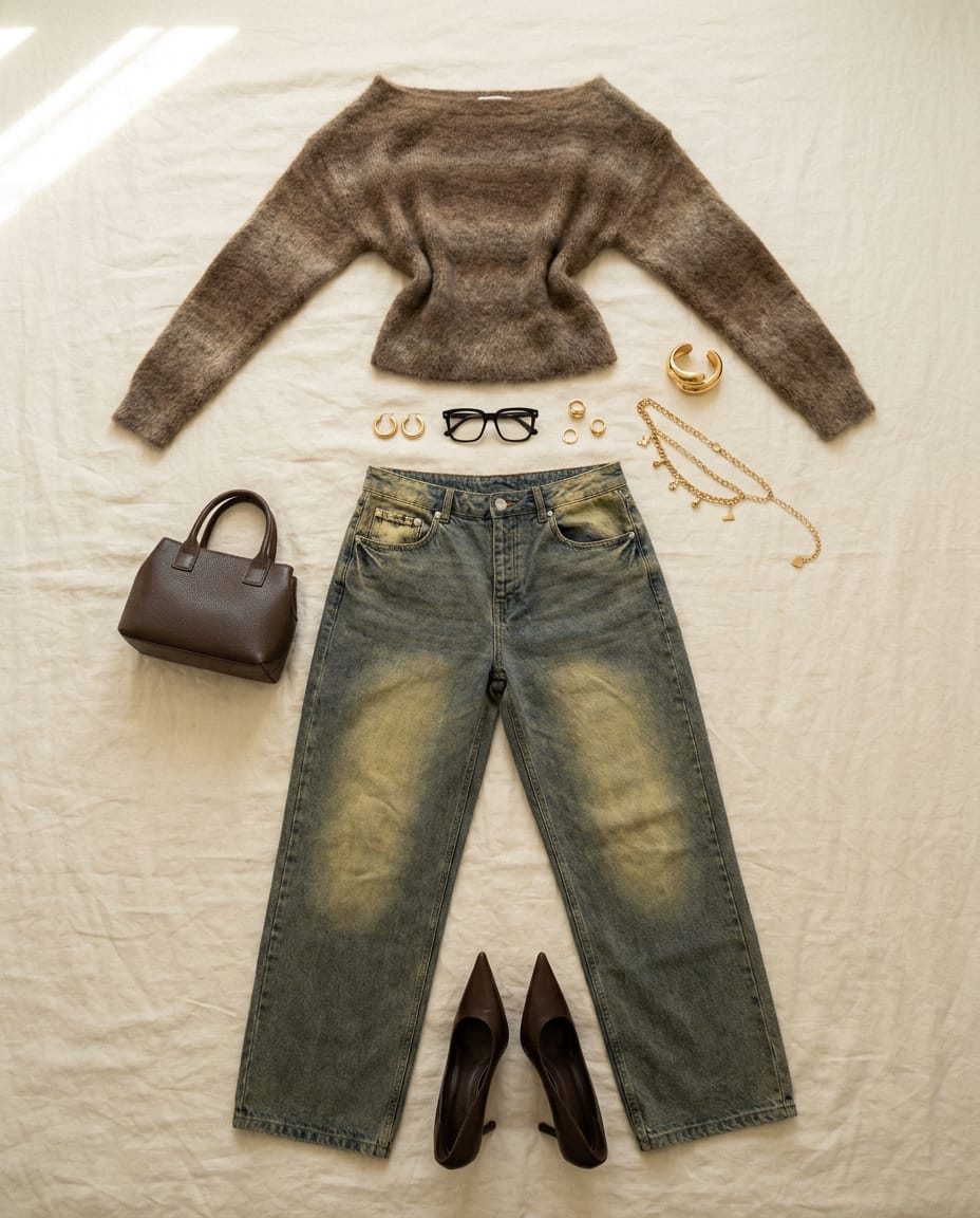 Faded blue jean. Taupe brown knit. — outfit flat-lay