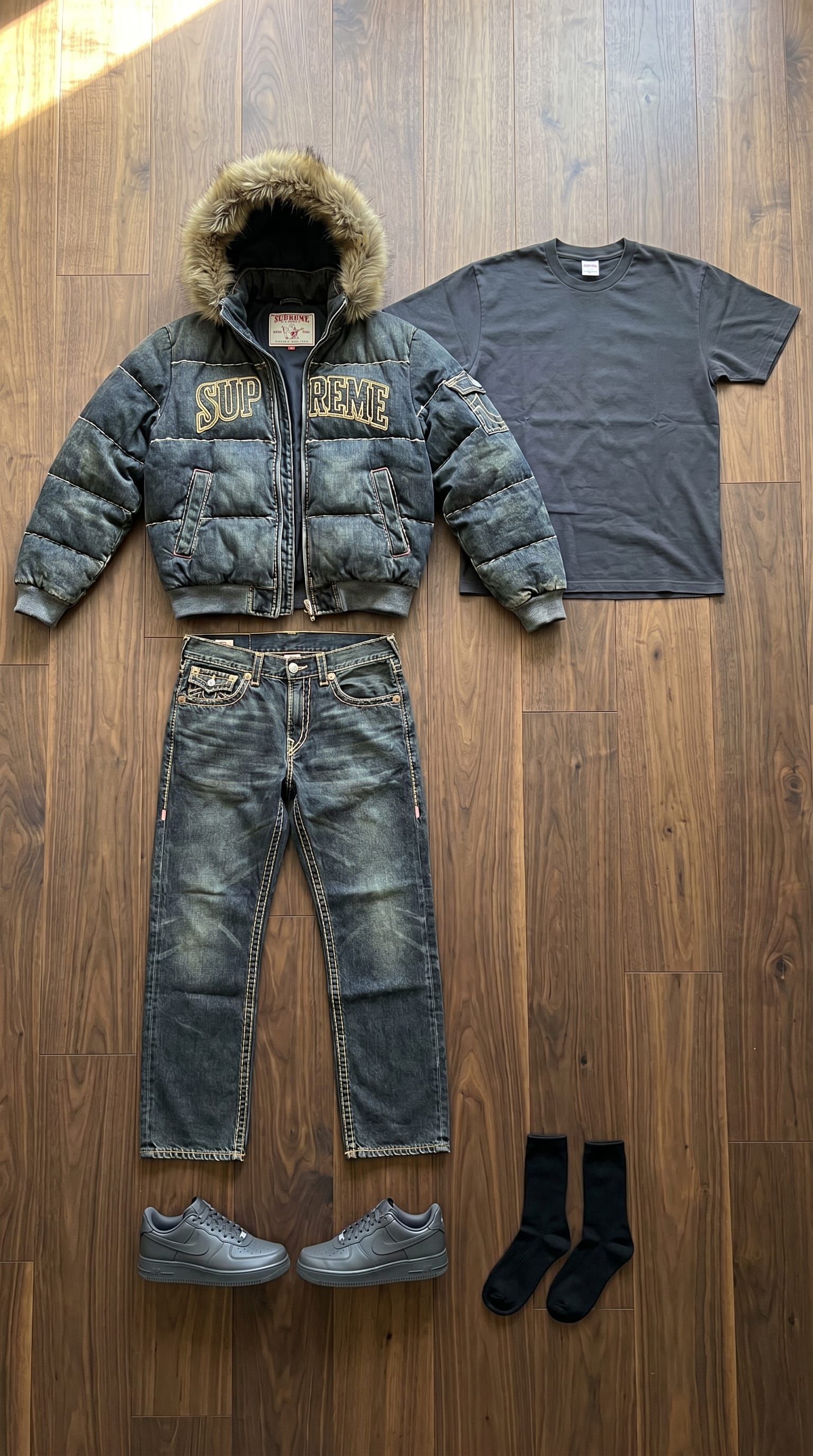 Dark Grey Tee Outfit Men: Layered Streetwear Style flat-lay