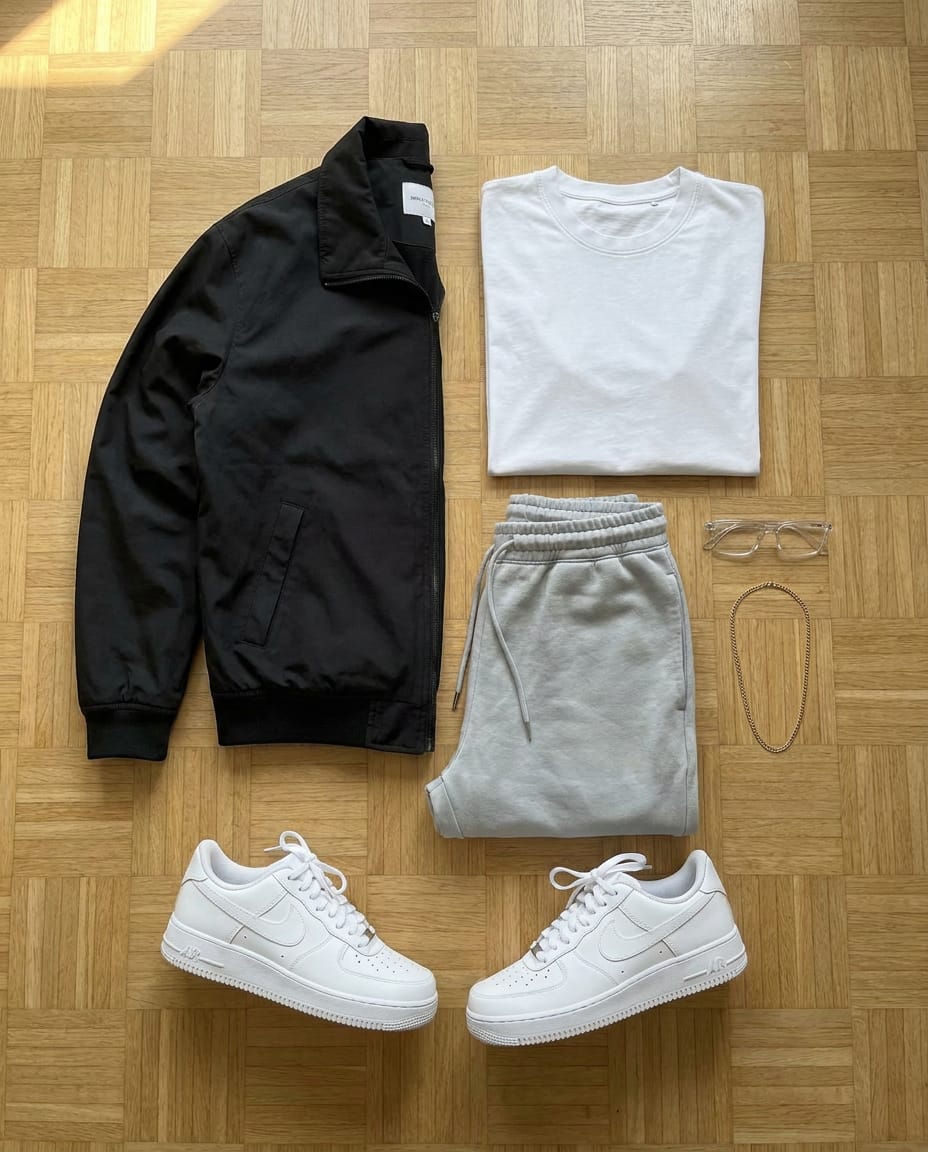 Black jacket. White sneaker. — outfit flat-lay