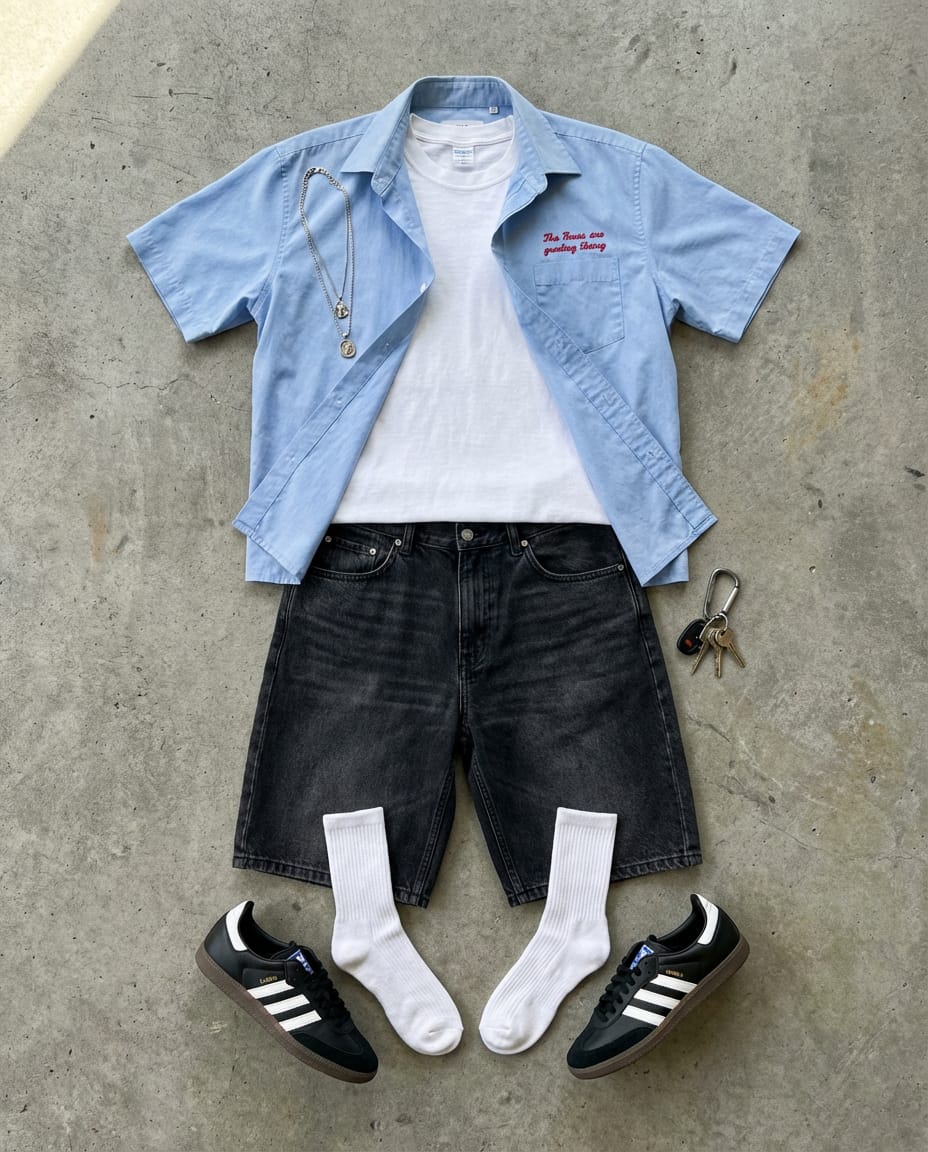 Light blue shirt. Black sneaker.