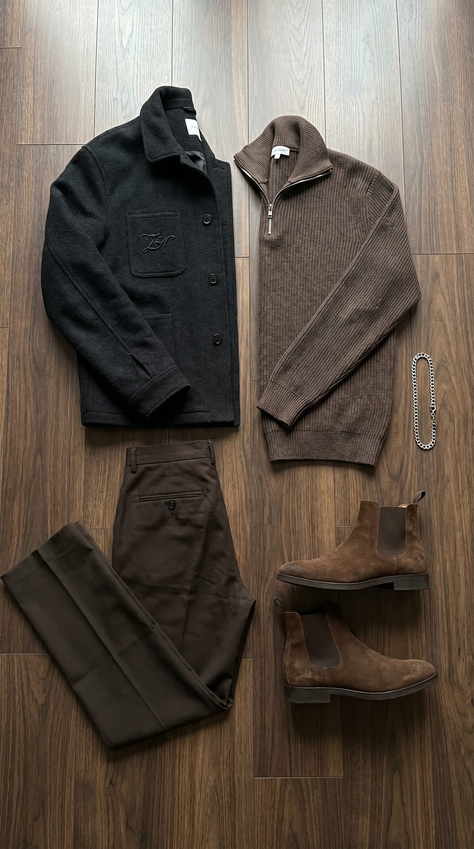 Charcoal Overshirt Outfit Men: Winter Layering Ideas flat-lay