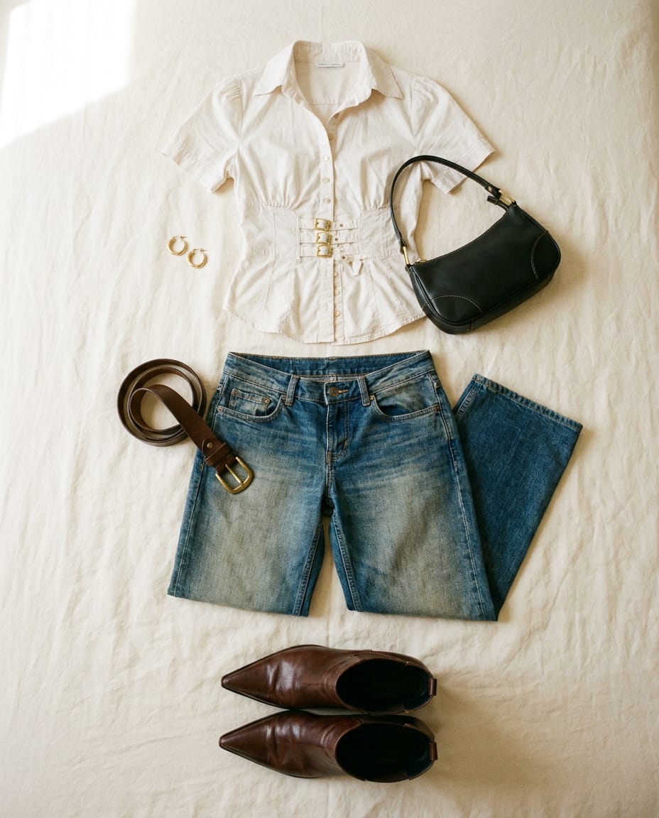 Medium wash blue jean. Cream shirt. — outfit flat-lay