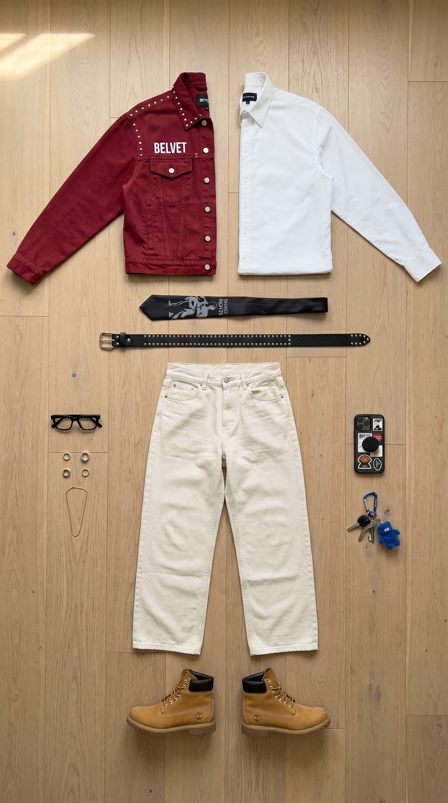 Red Jacket Outfit Women: Styling with Cream Jeans flat-lay