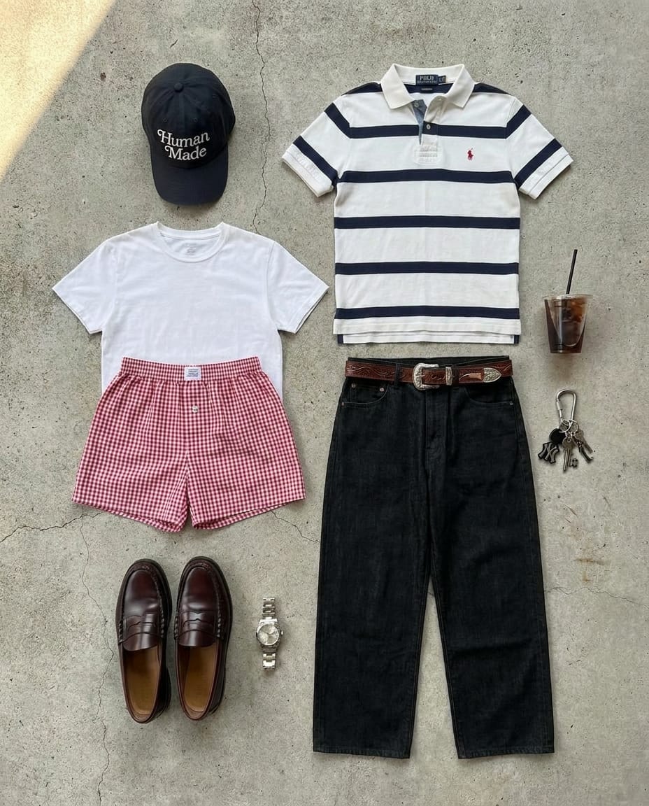 Off-black jean. White polo.