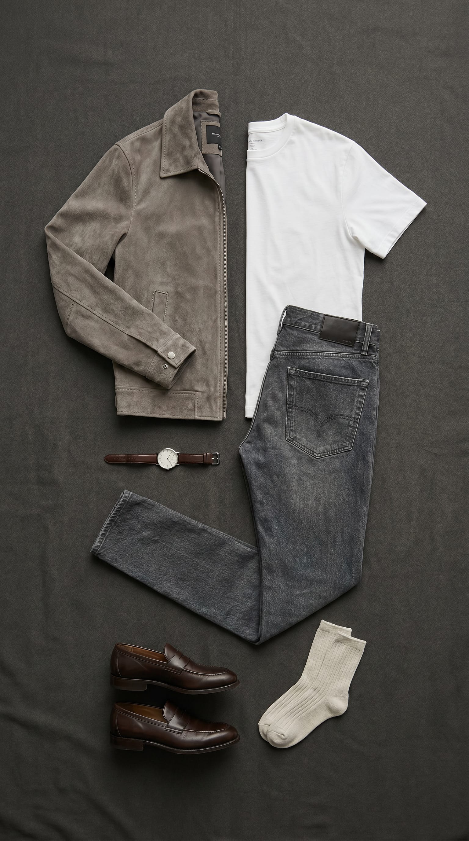 Taupe jacket. Washed Black jean. — outfit