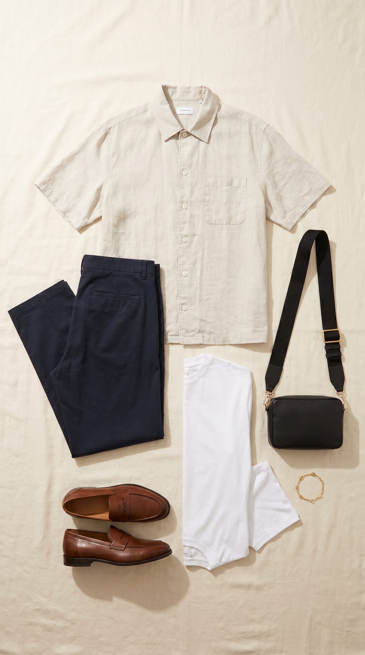 Beige Shirt Navy Trousers Outfit Men flat-lay