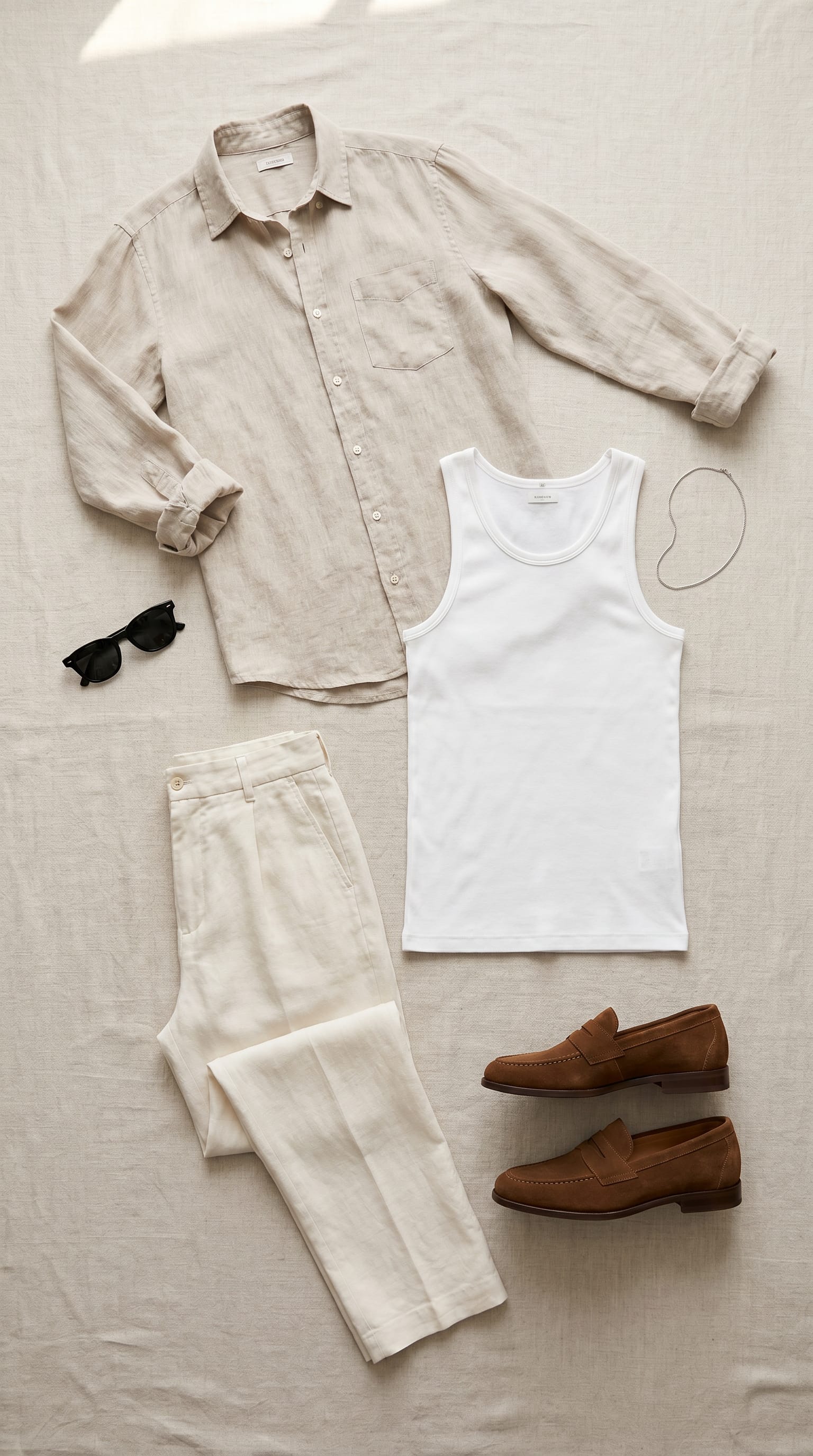 Beige shirt. Off-white trouser. — outfit