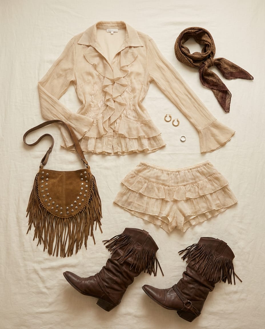 Beige shirt. Dark brown boot. — outfit flat-lay