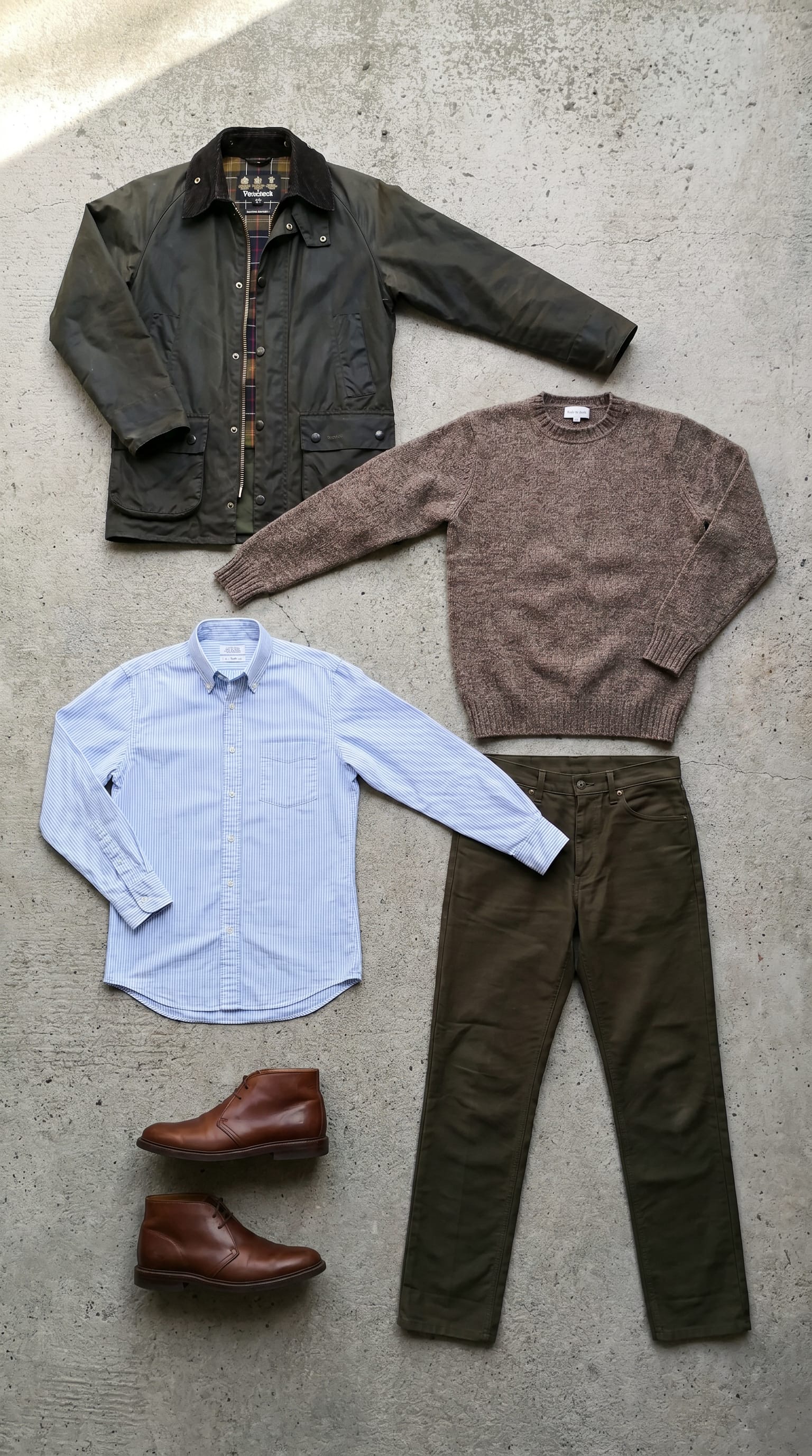 Olive Green Jacket Outfit Men: Casual Layered Look flat-lay