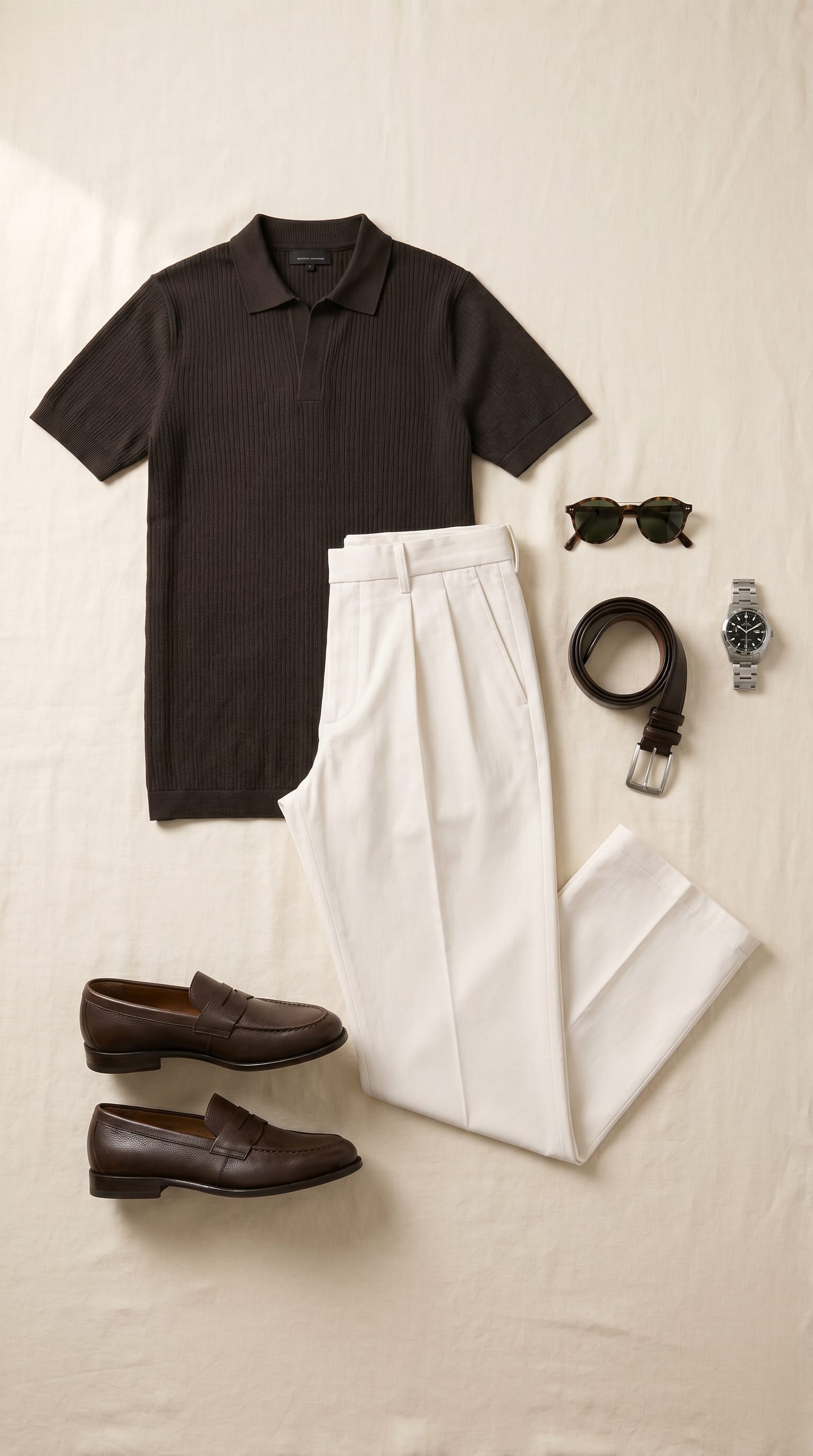 Dark brown polo. Off-white trouser. — outfit