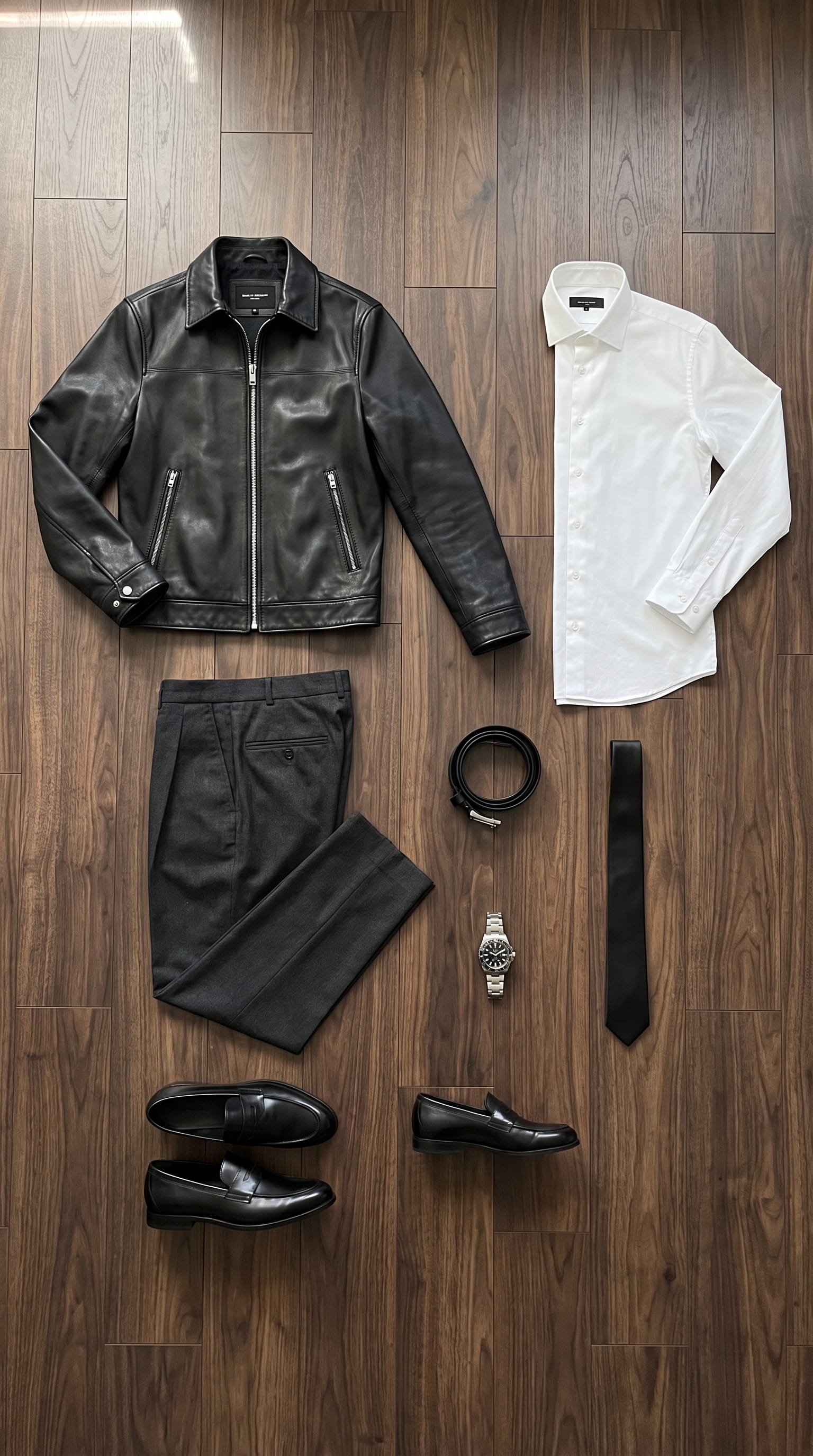 White Shirt and Charcoal Trousers Outfit for Men flat-lay