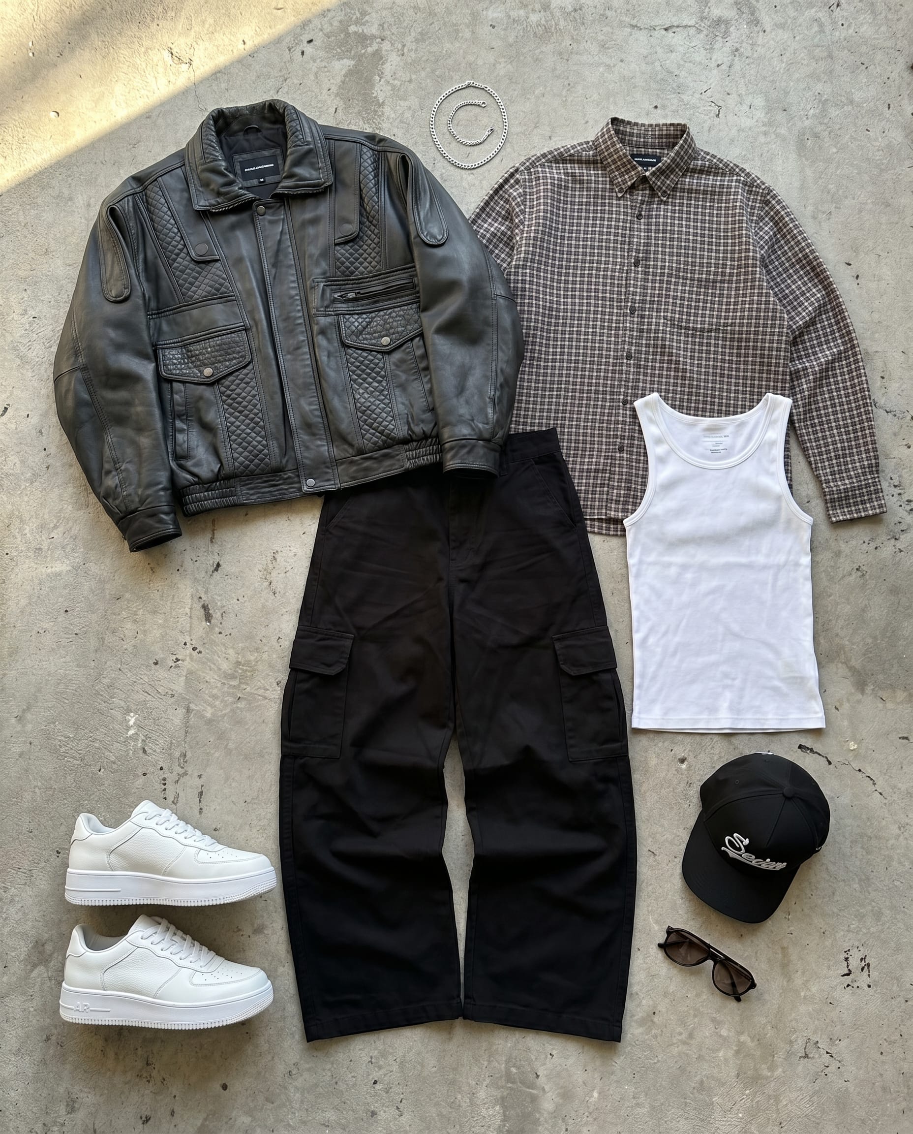 Black Leather Jacket Outfit Men: Casual & Layered Streetwear flat-lay