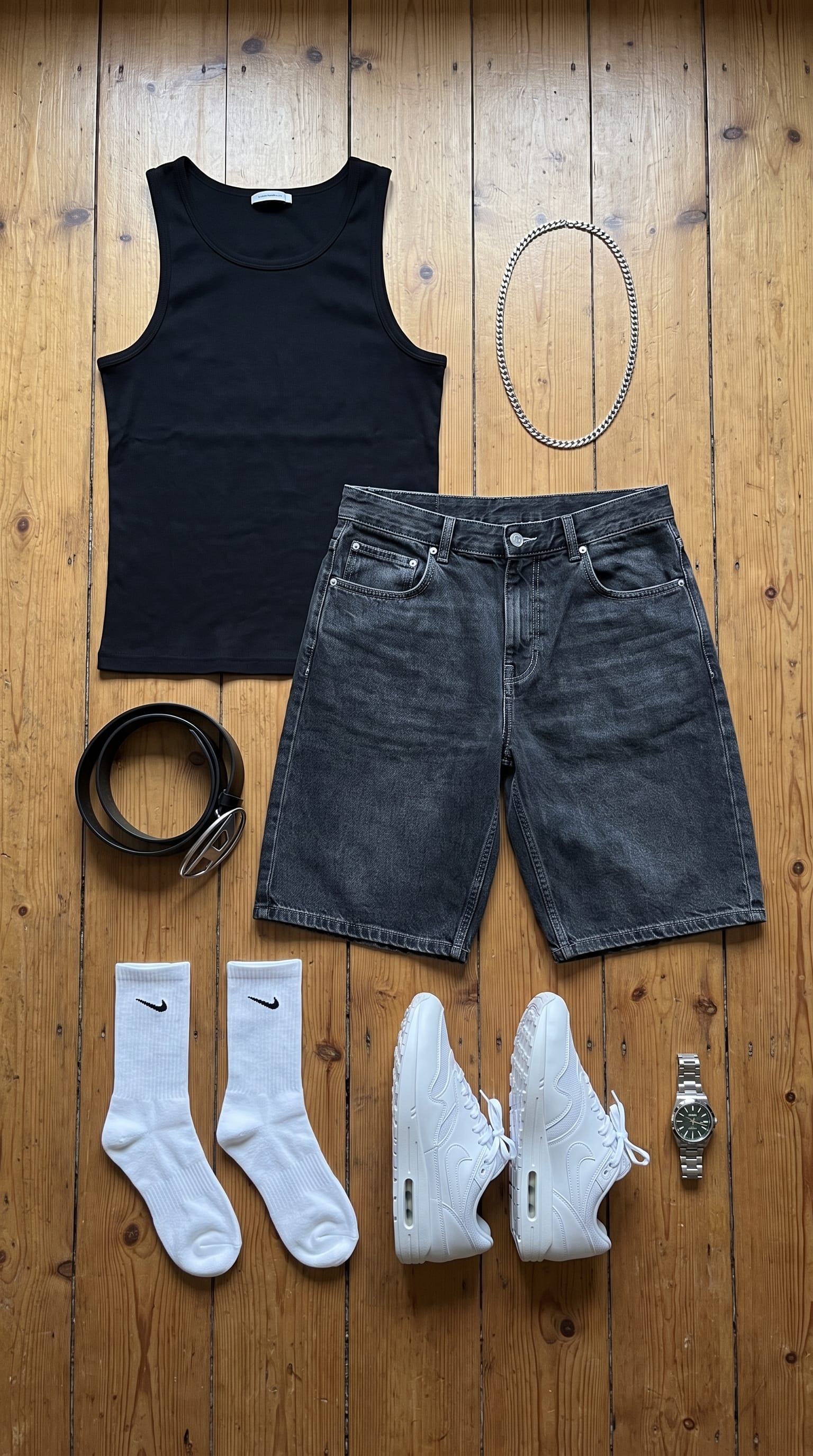 Charcoal short. Black tee. — outfit flat-lay