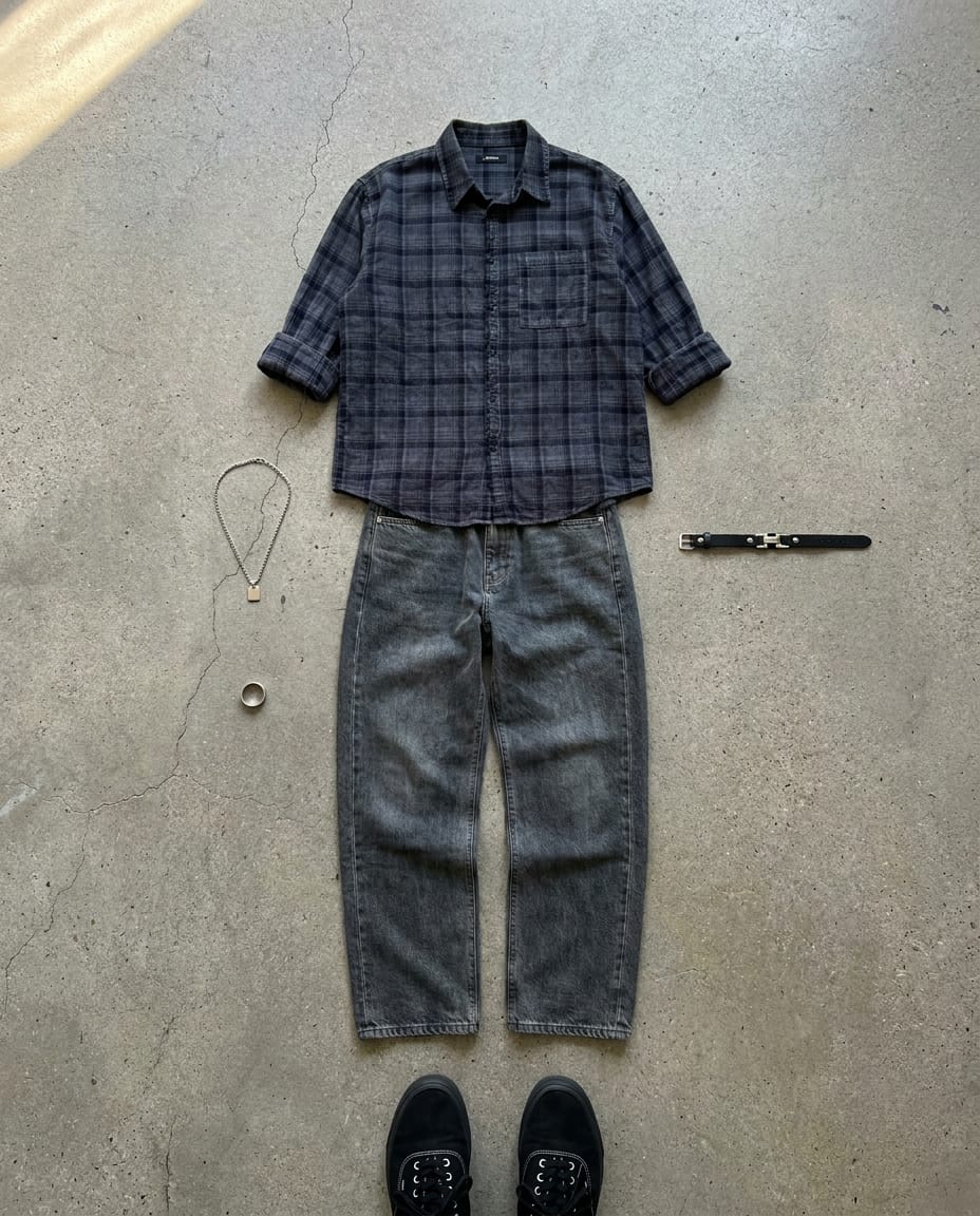 Washed black jean. Charcoal shirt. — outfit flat-lay