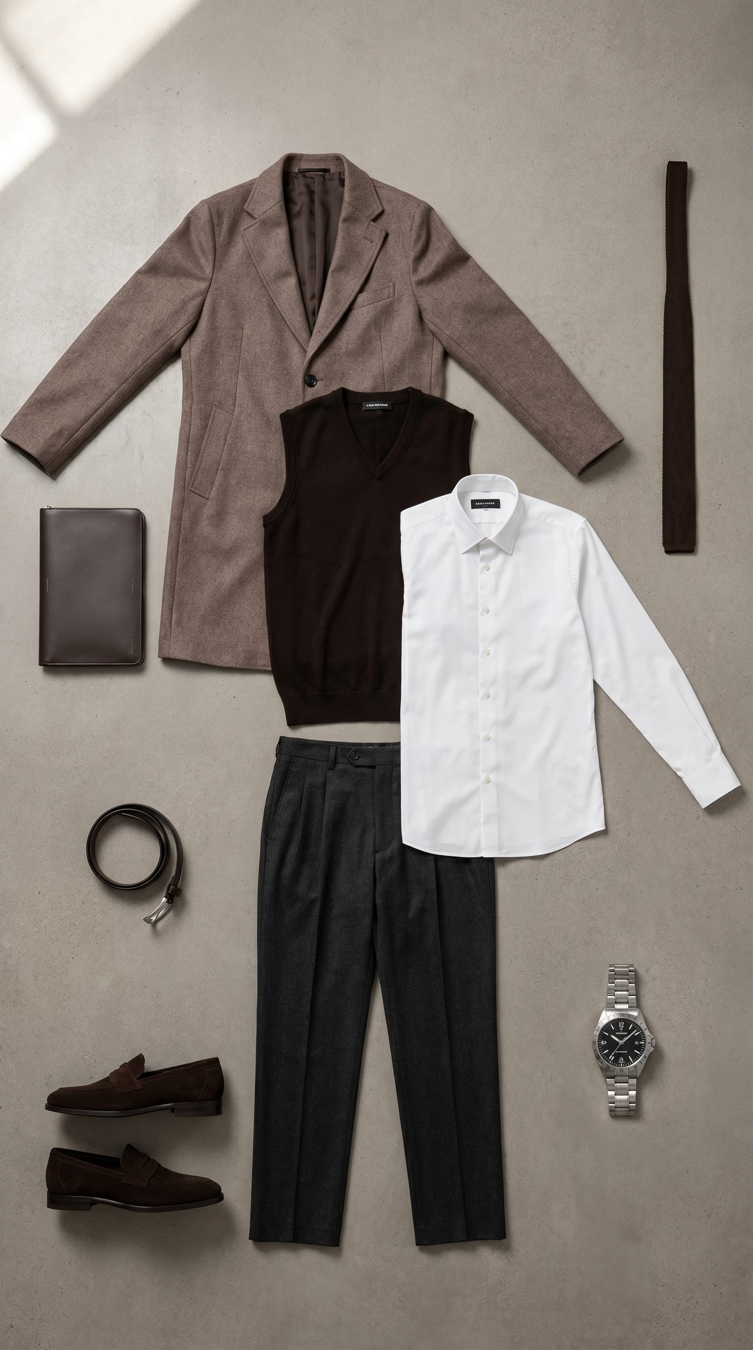 Taupe outerwear. Charcoal trouser. — outfit
