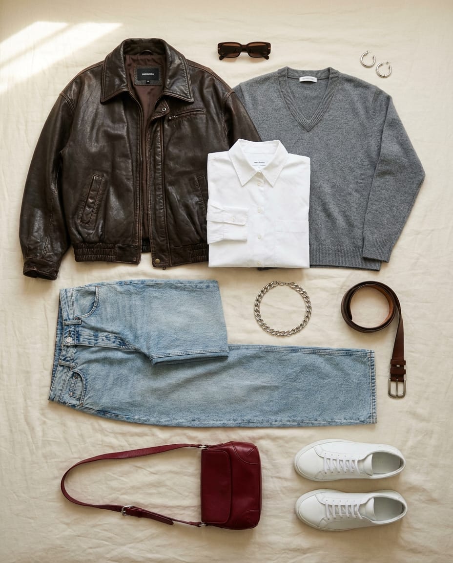 Dark brown jacket. Light wash blue jean. — outfit flat-lay