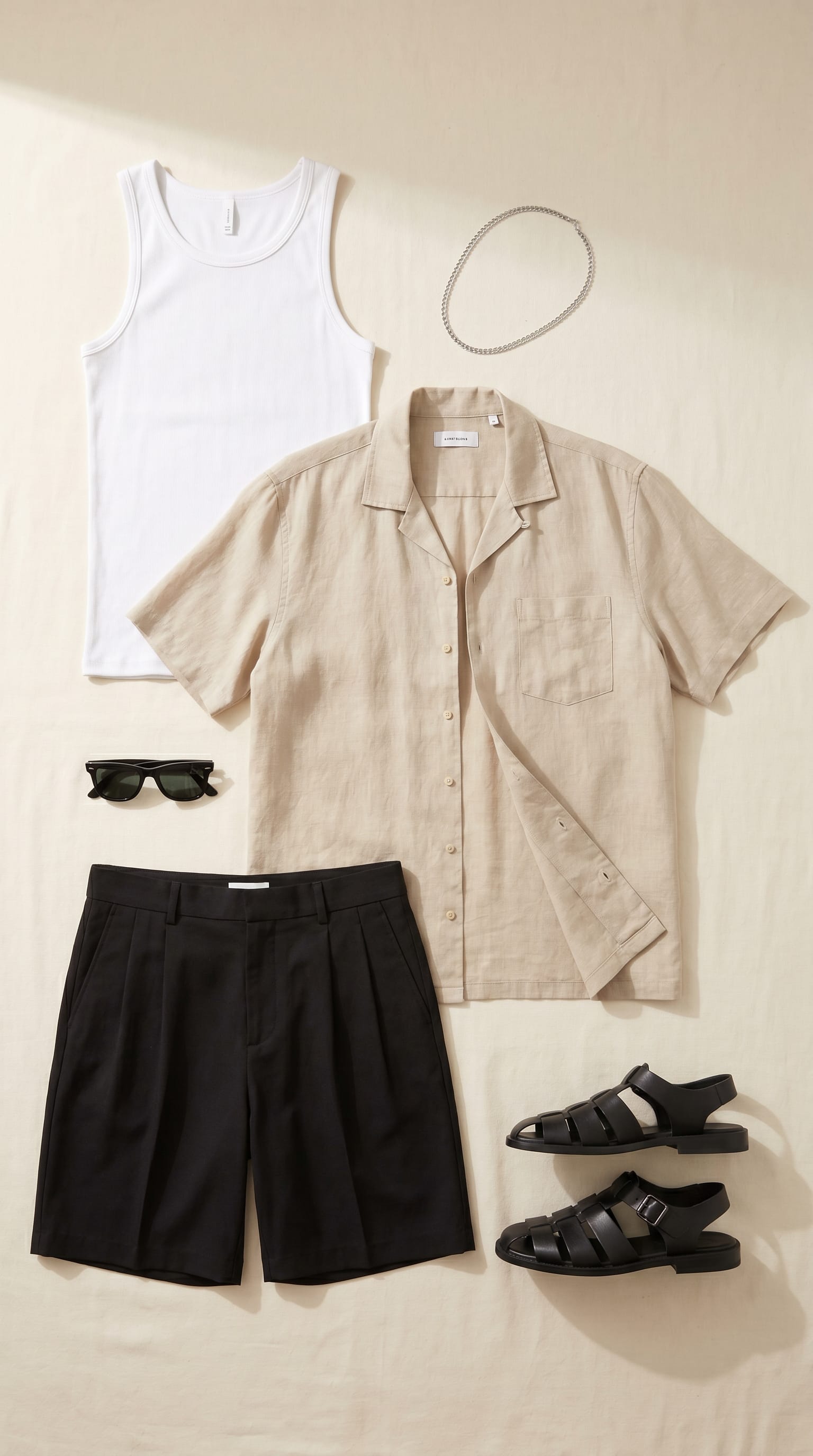 Beige shirt. White tee. — outfit