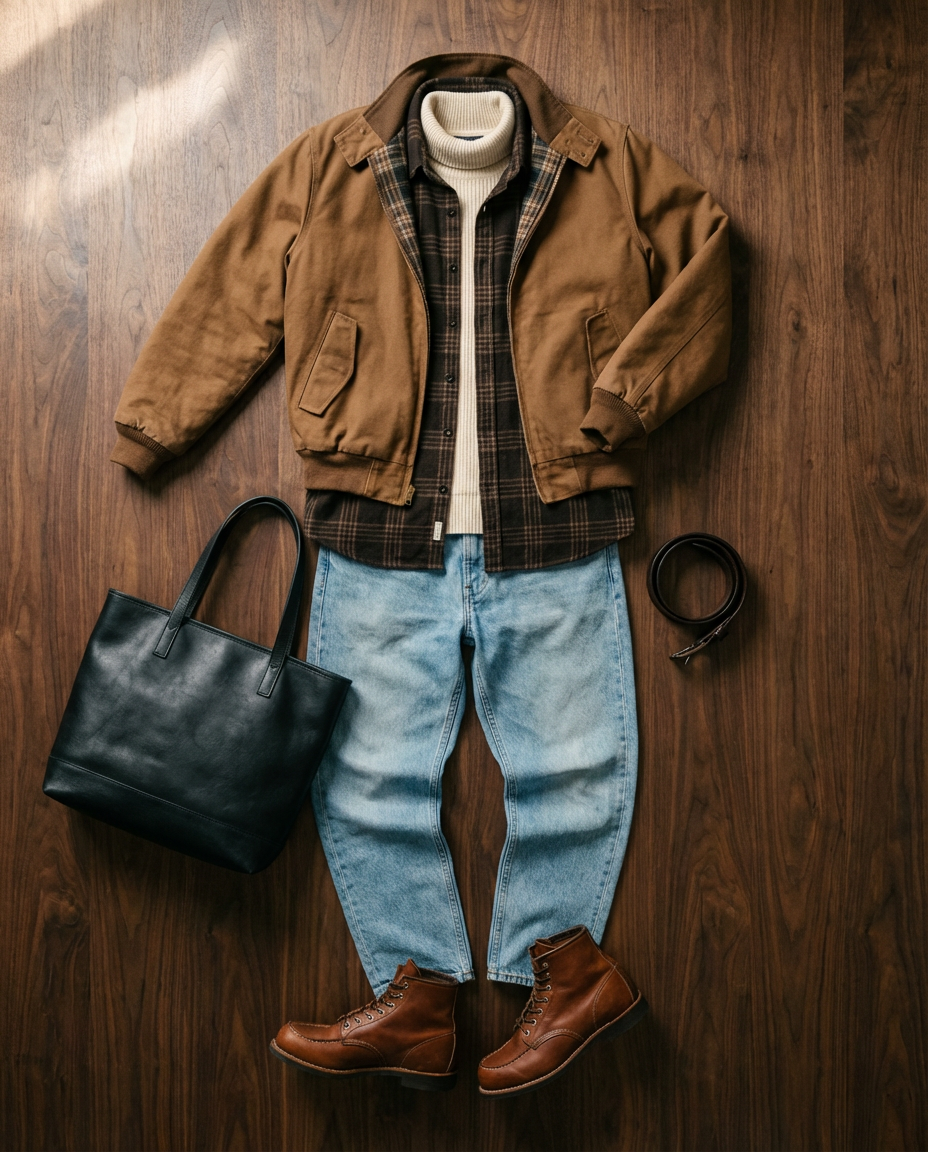Brown jacket. Dark olive plaid overshirt.