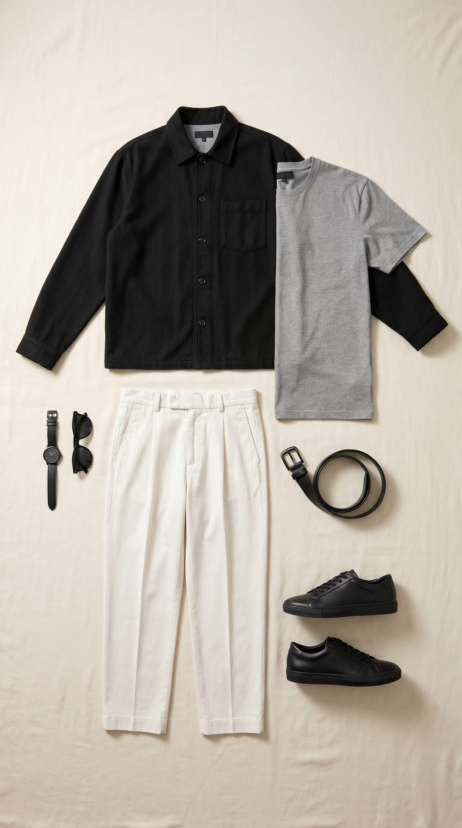 Black overshirt. Cream trouser. — outfit