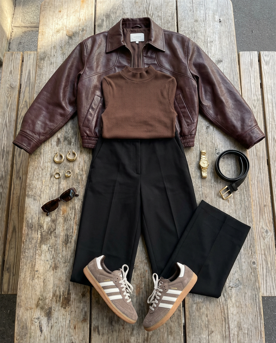 Burgundy jacket. Black trouser.