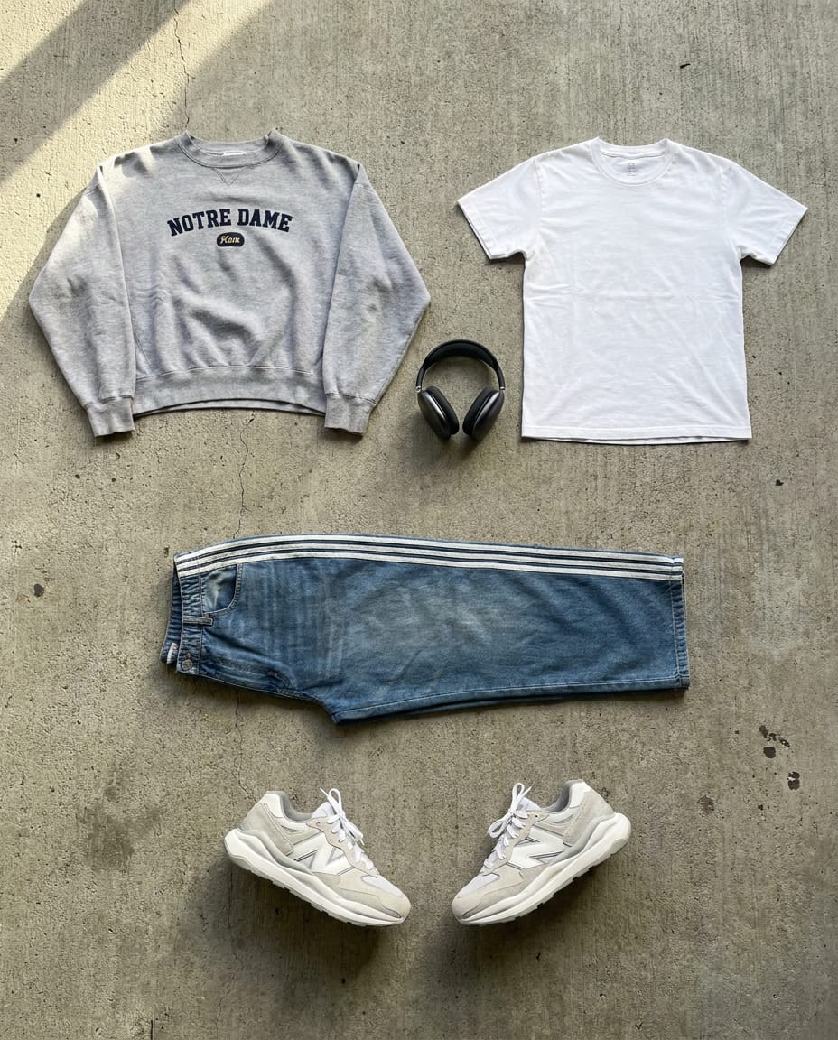 White tee. Heather grey knit. — outfit flat-lay