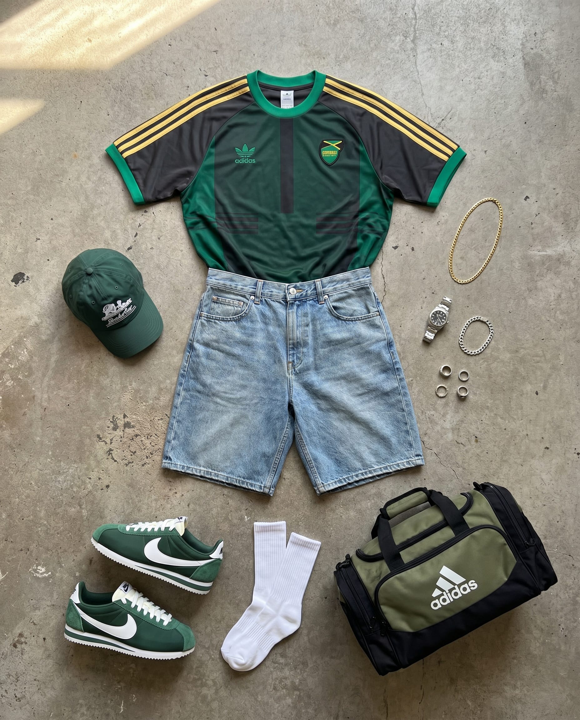 Forest Green Tee Outfit Men: Casual Summer Style flat-lay