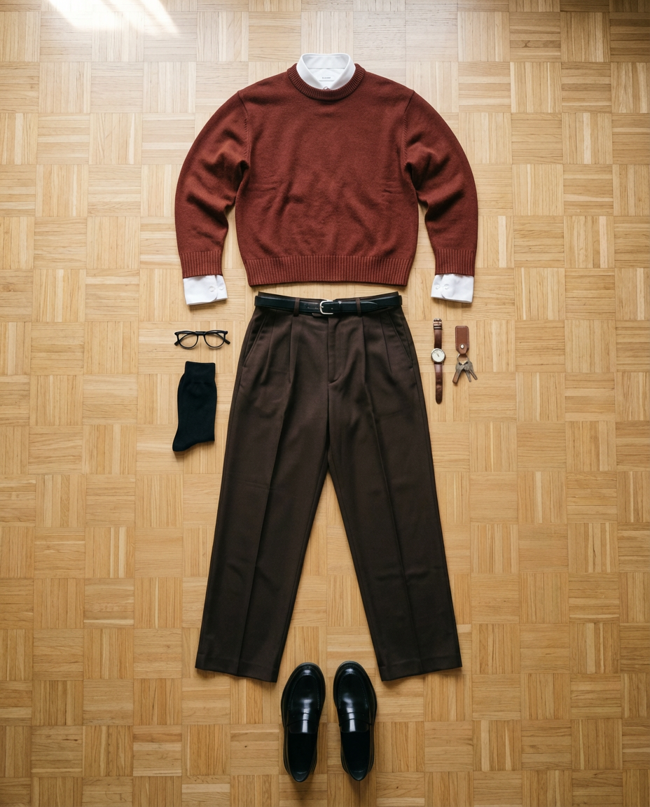 Dark brown trouser. Rust knit.