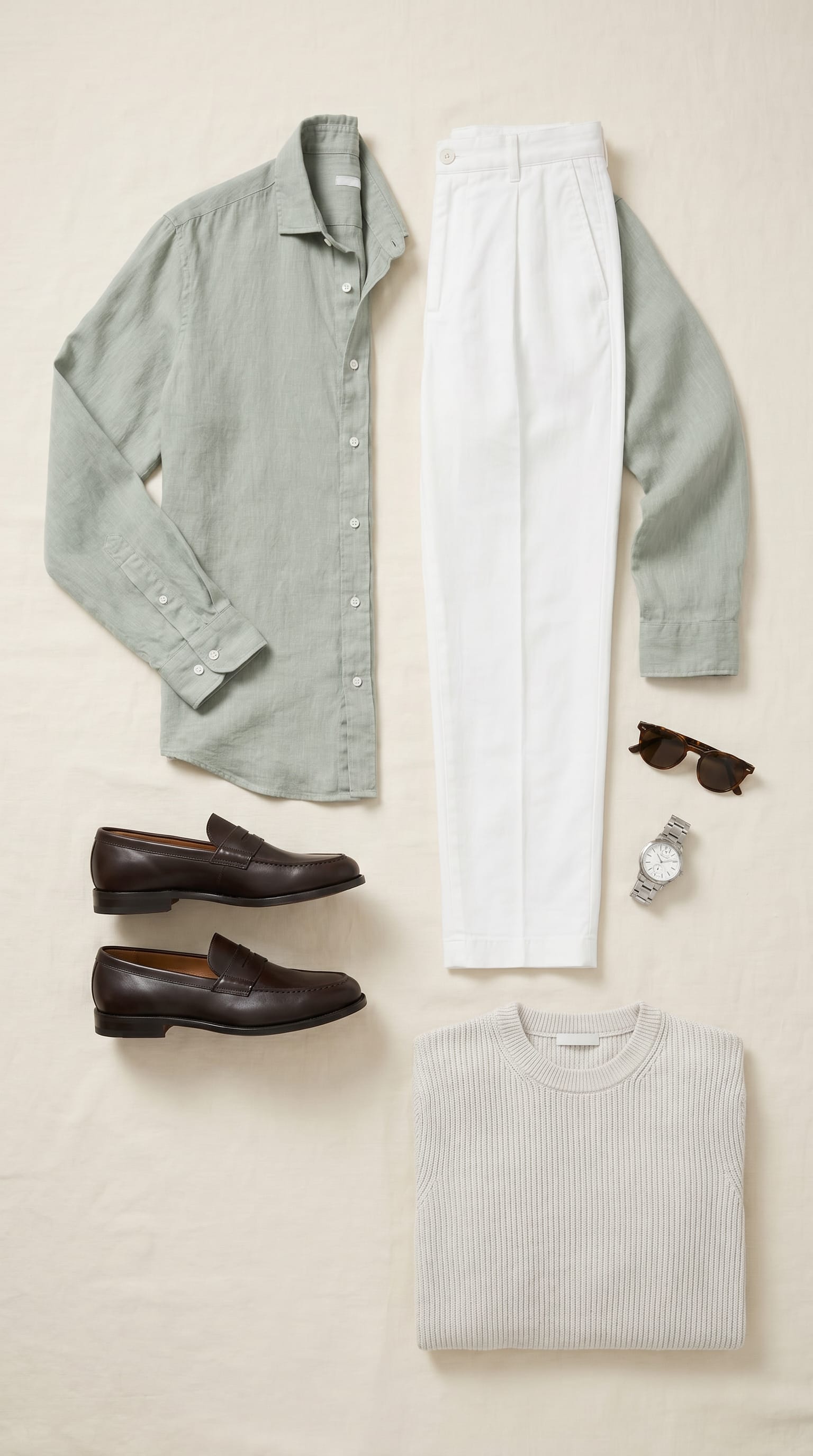 Sage green shirt. White trouser. — outfit