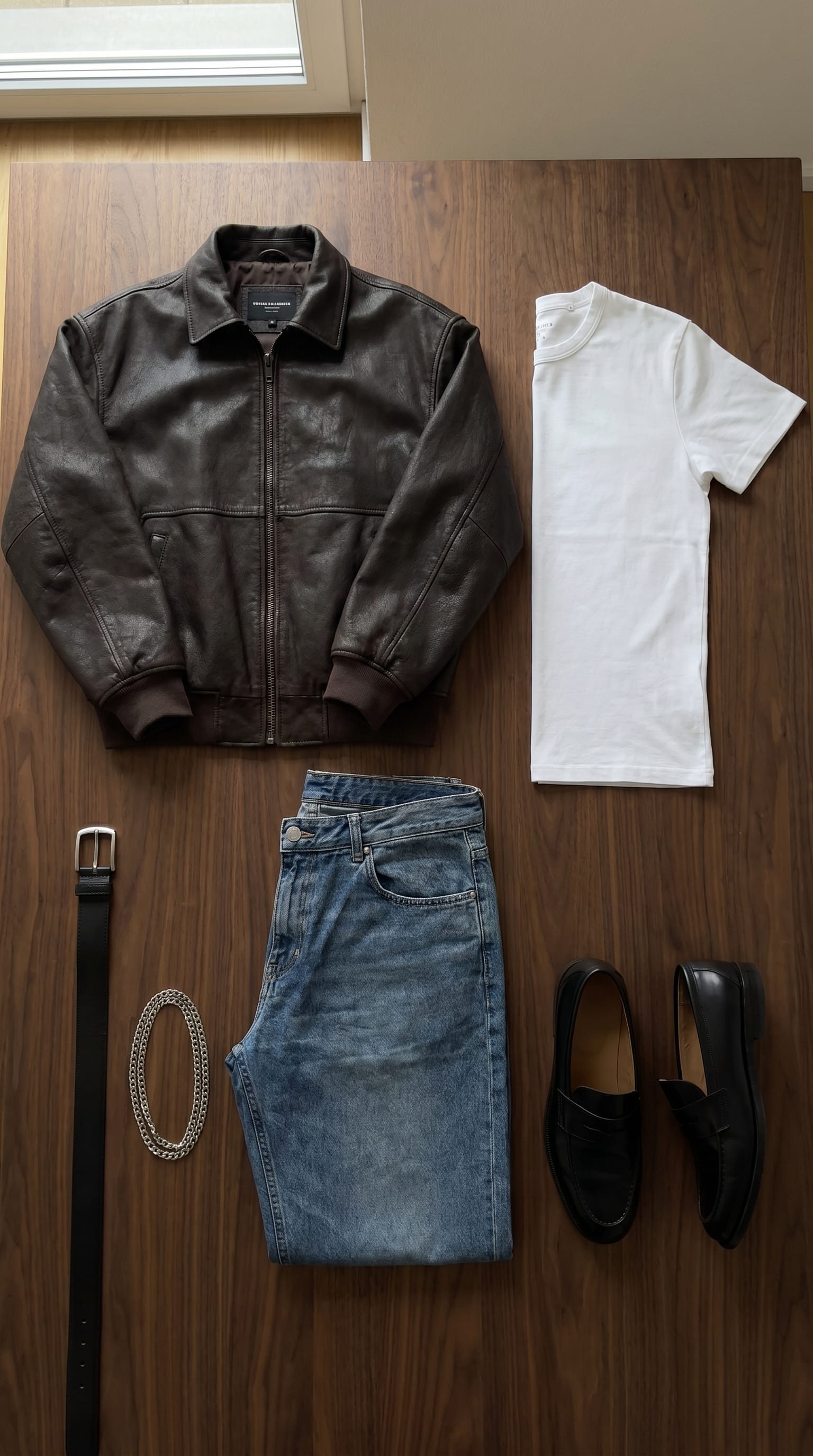 Dark Brown jacket. Medium Wash Blue jean. — outfit