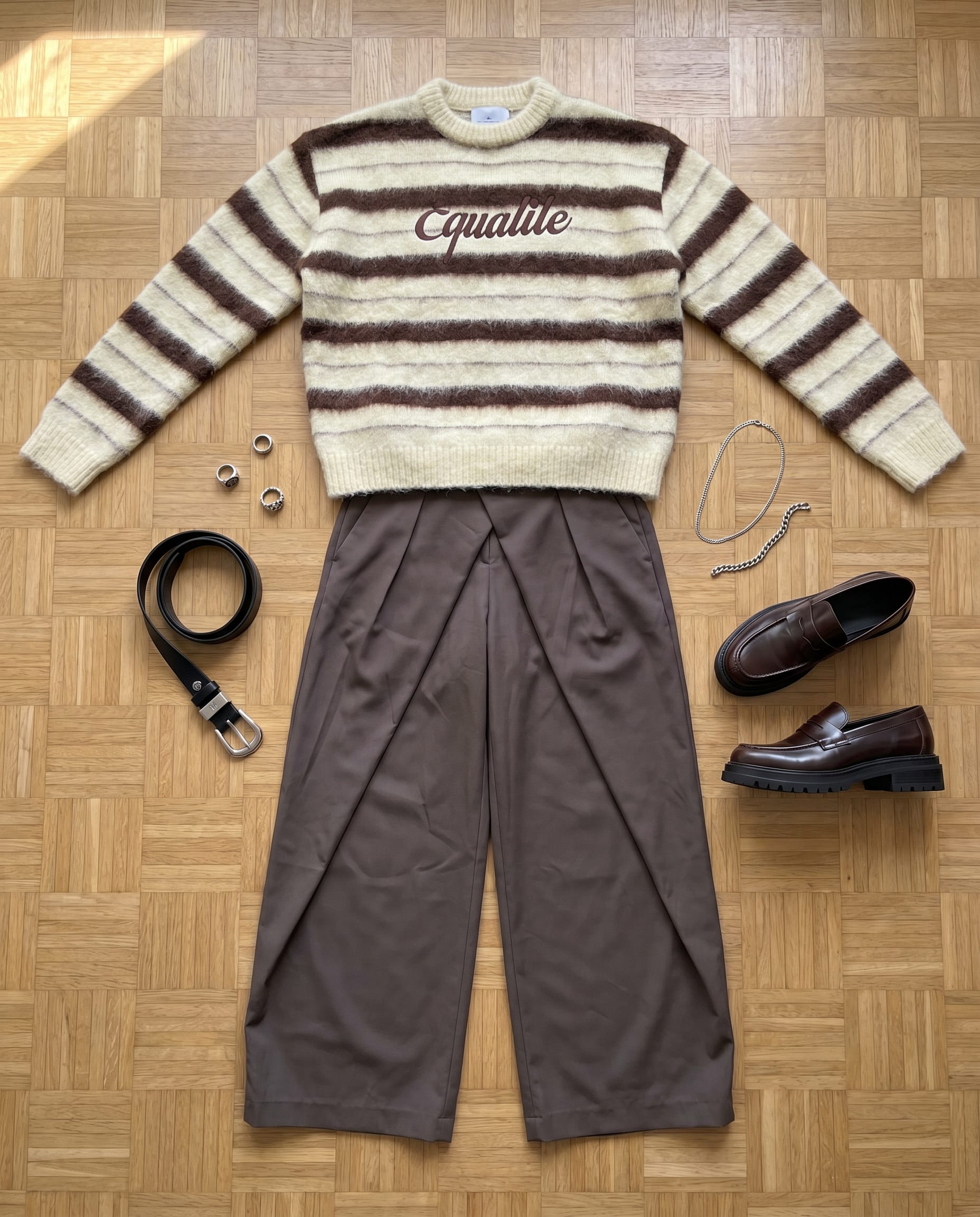 How to Style a Men's Winter Knit Sweater Outfit flat-lay