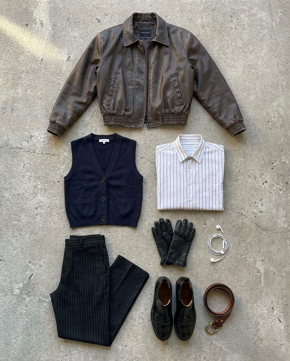 Distressed brown jacket. Black trouser. — outfit flat-lay
