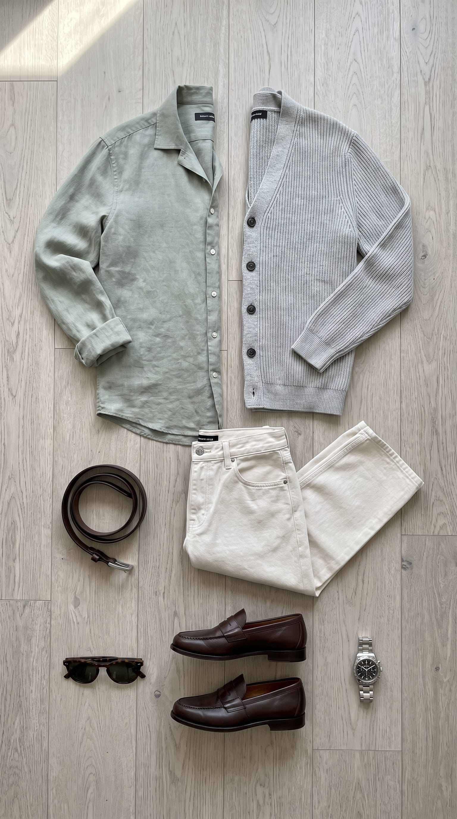 Sage Green shirt. Light Grey knit. — outfit flat-lay