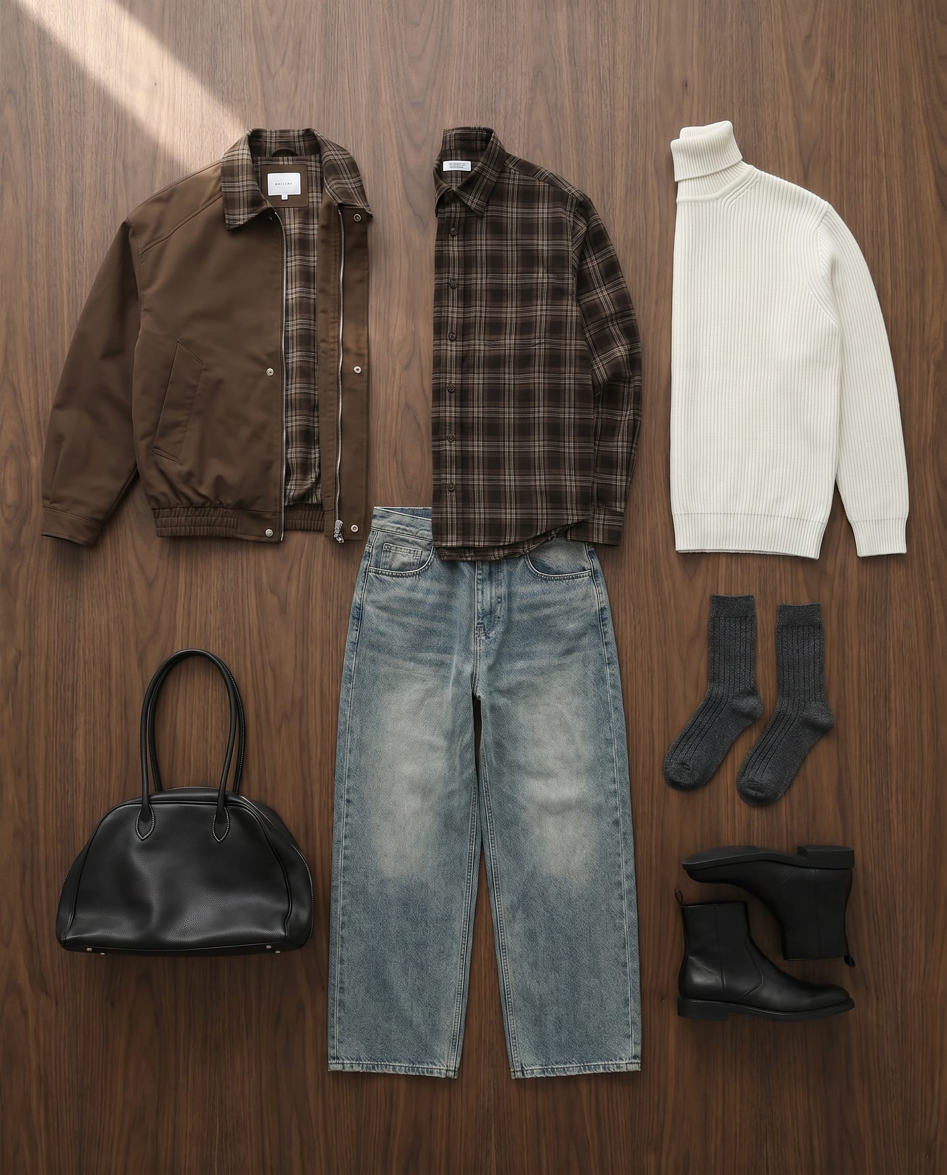 Brown Jacket and Jeans Outfit Men: Layered Winter Style flat-lay