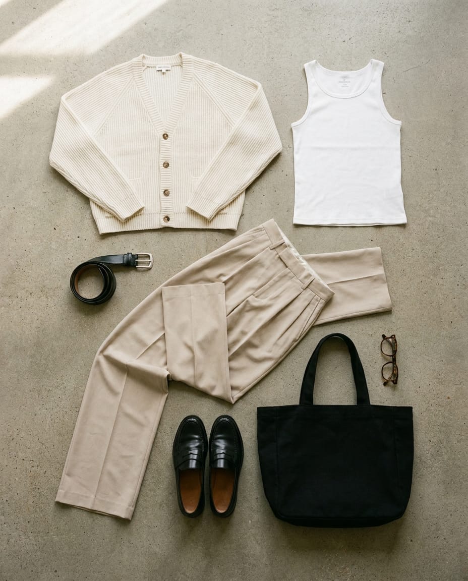 Cream knit. Beige trouser.