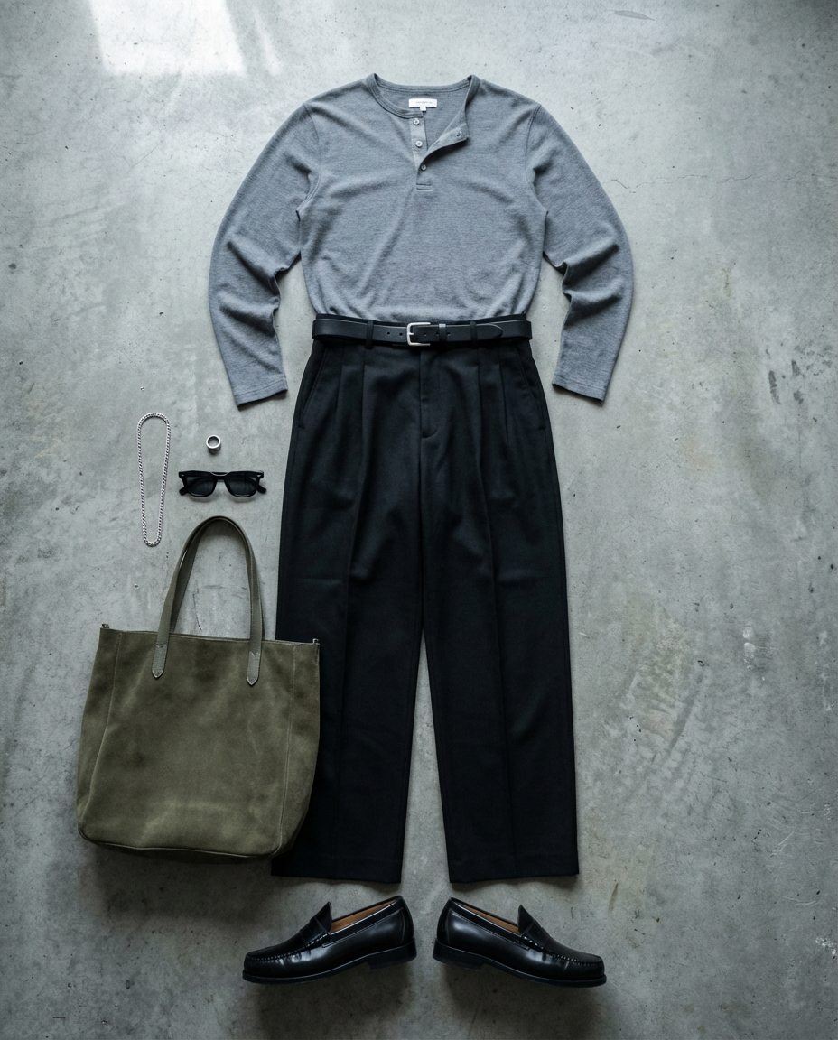 Black trouser. Heather grey henley.