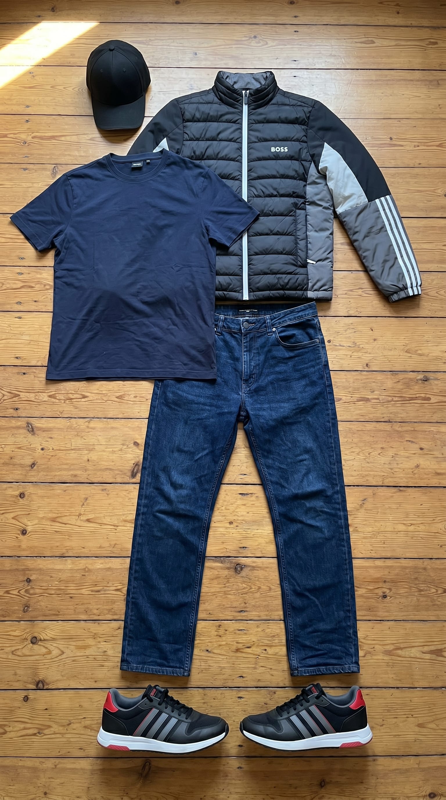 Black Puffer Jacket Outfit Men flat-lay