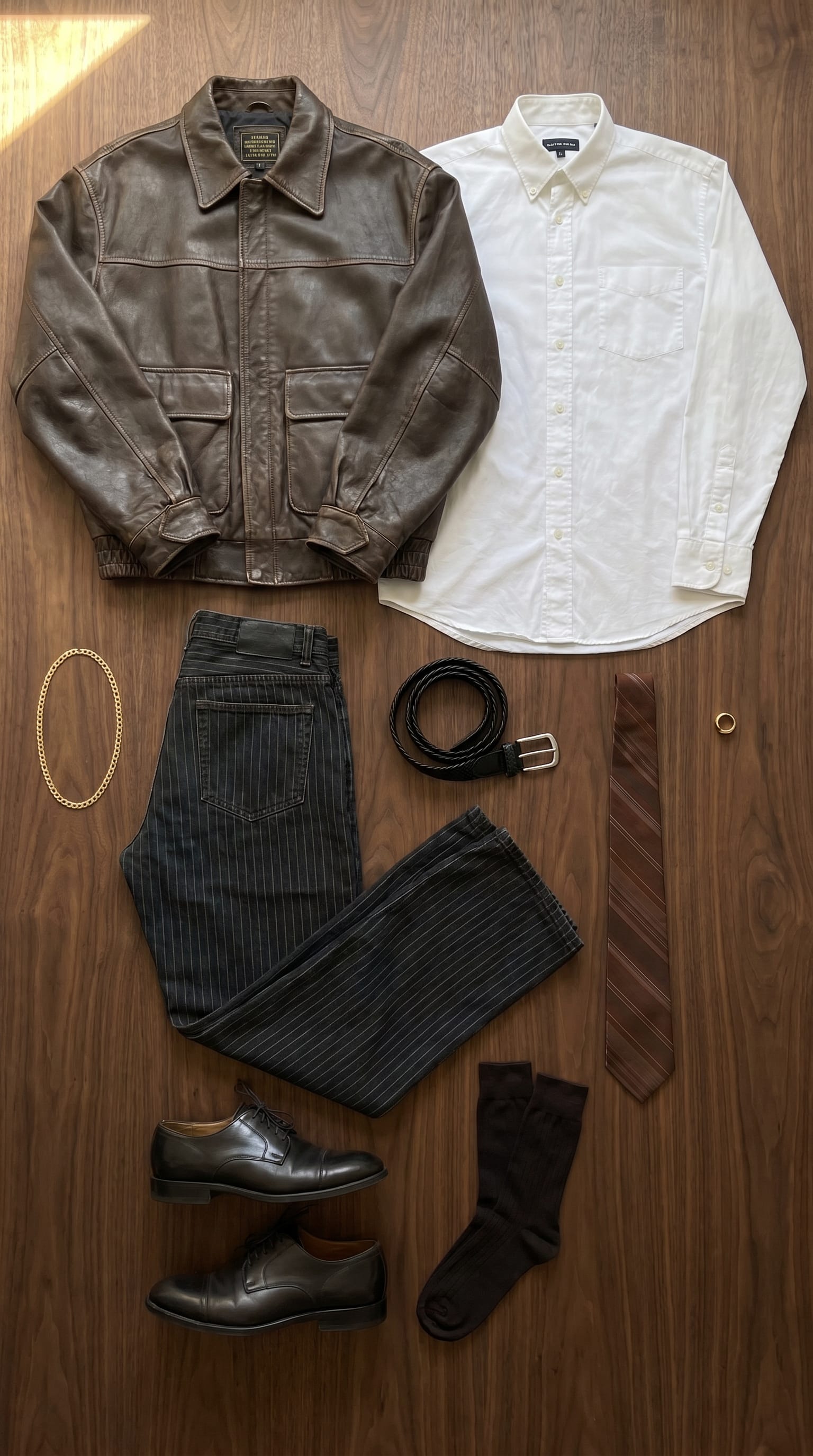 Dark Brown Leather Jacket Outfit Men: Charcoal Wool Trousers flat-lay