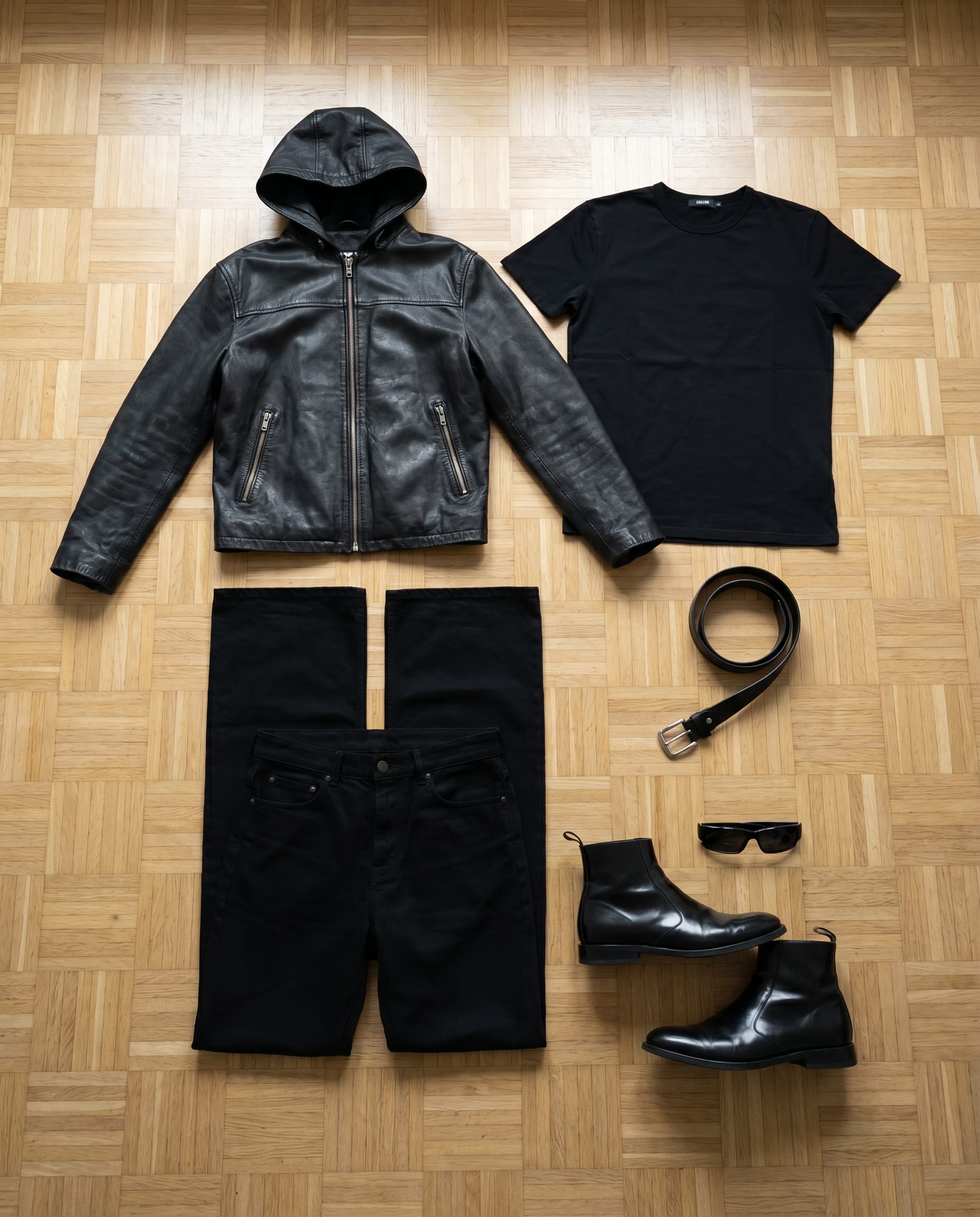 Black jacket. Black jean. — outfit flat-lay