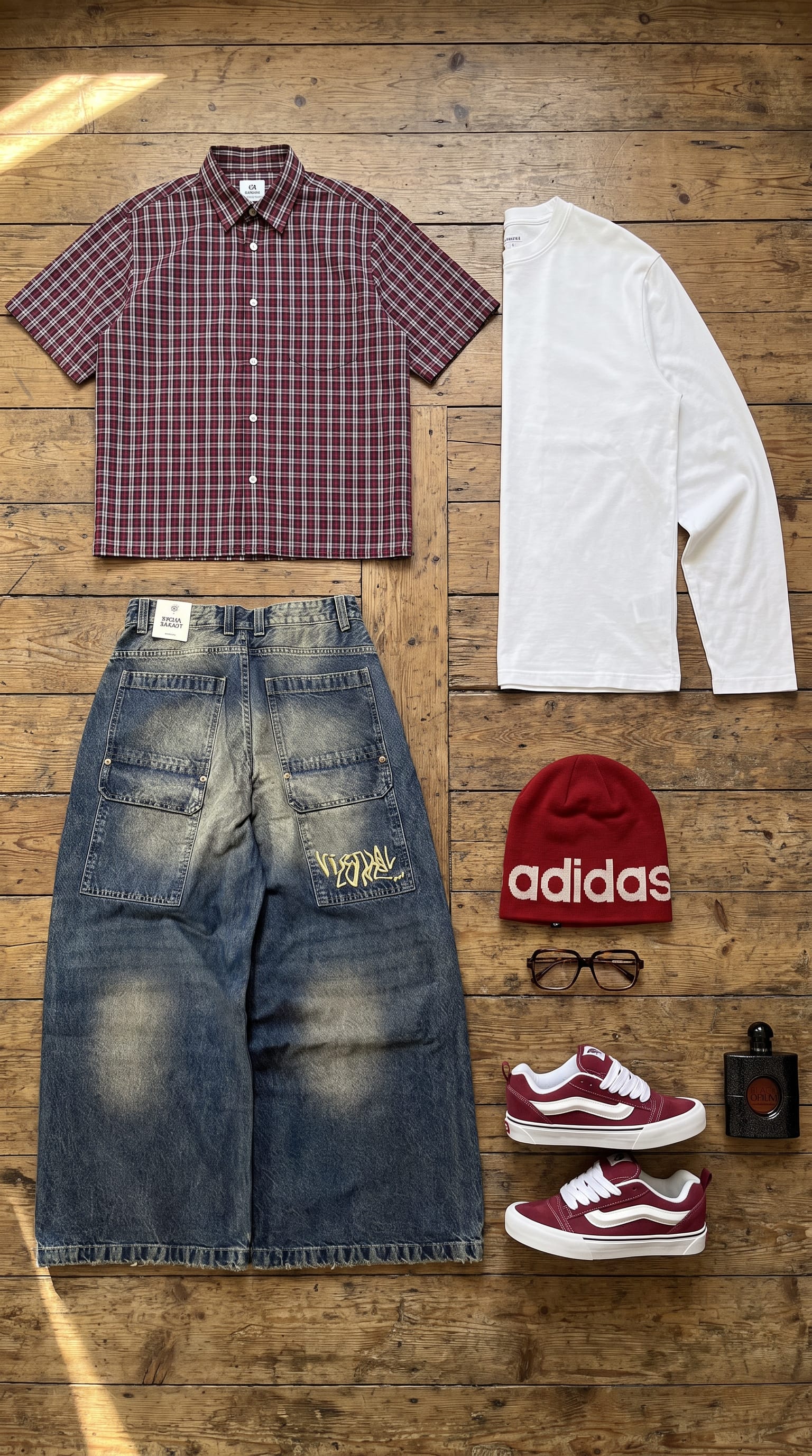 Streetwear Outfits Men: Blue Jeans and Burgundy Shirt flat-lay
