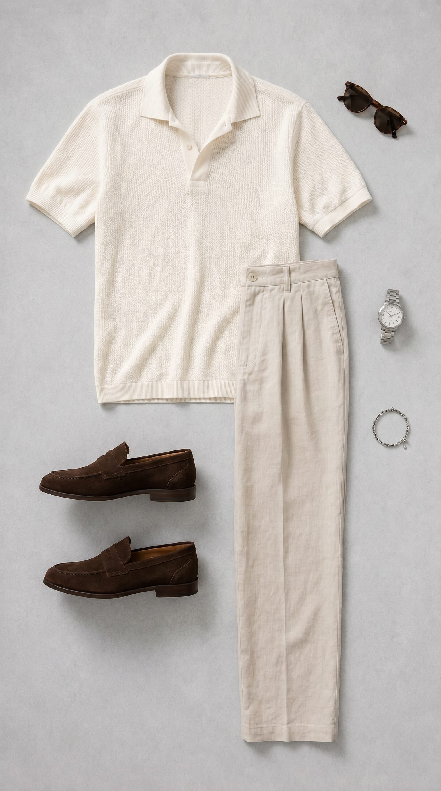 Off-white polo. Light beige trouser. — outfit